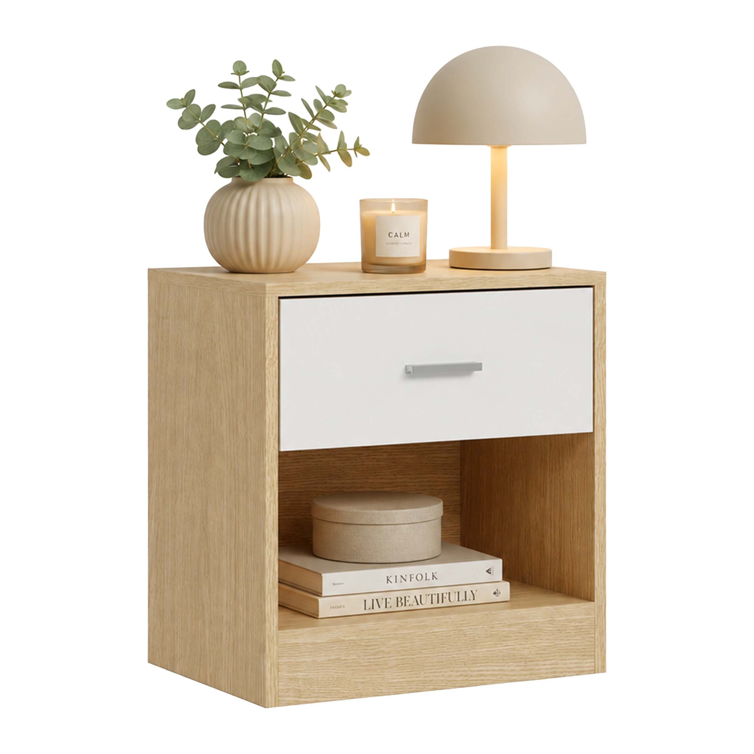 relaxdays Nachtschrank Nachttisch mit Schublade Holzoptik-Weiß, 1er-Pack