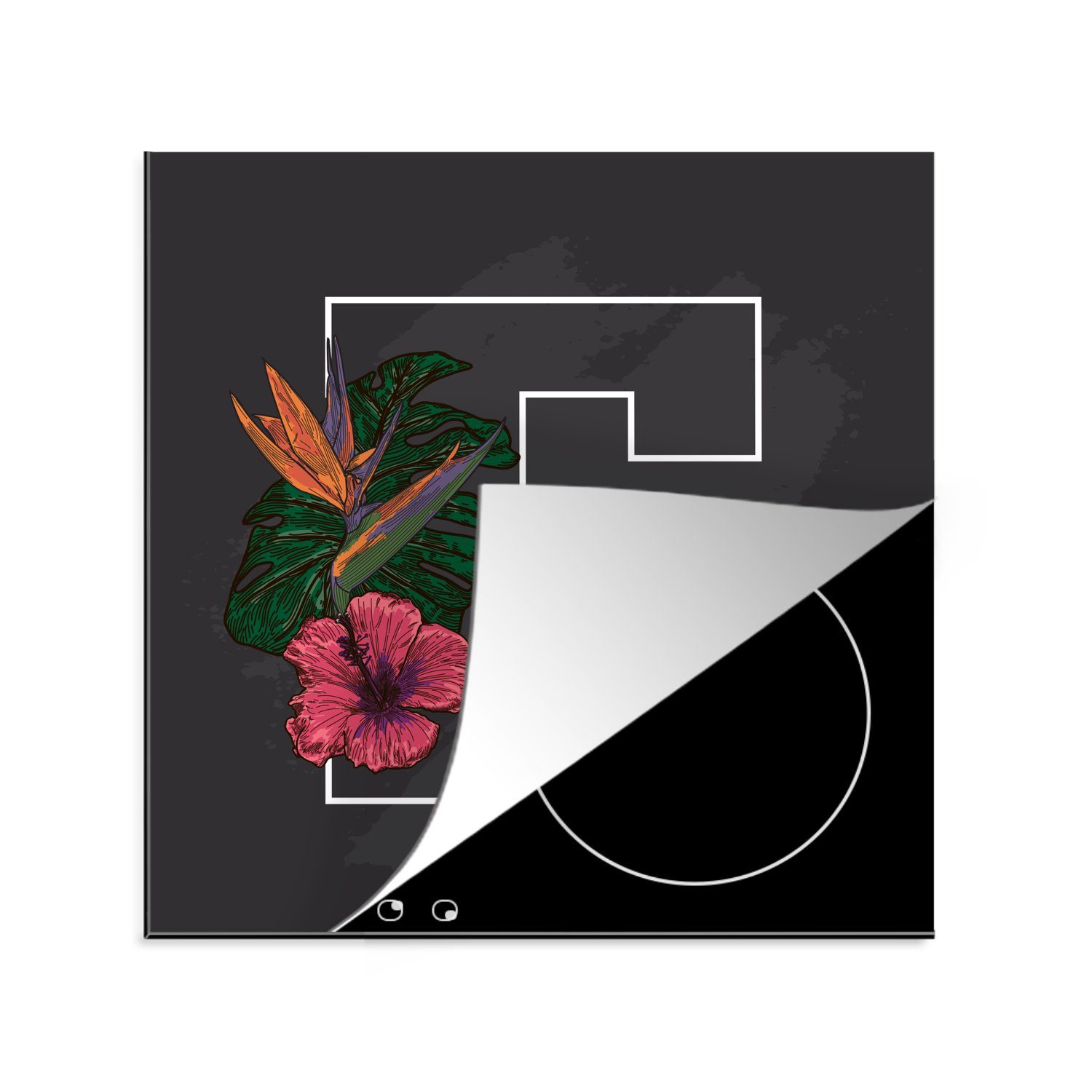 MuchoWow Herdblende-/Abdeckplatte Eine Illustration des Buchstabens F mit einer Blume, Vinyl, (1 tlg), 78x78 cm, Ceranfeldabdeckung, Arbeitsplatte für küche