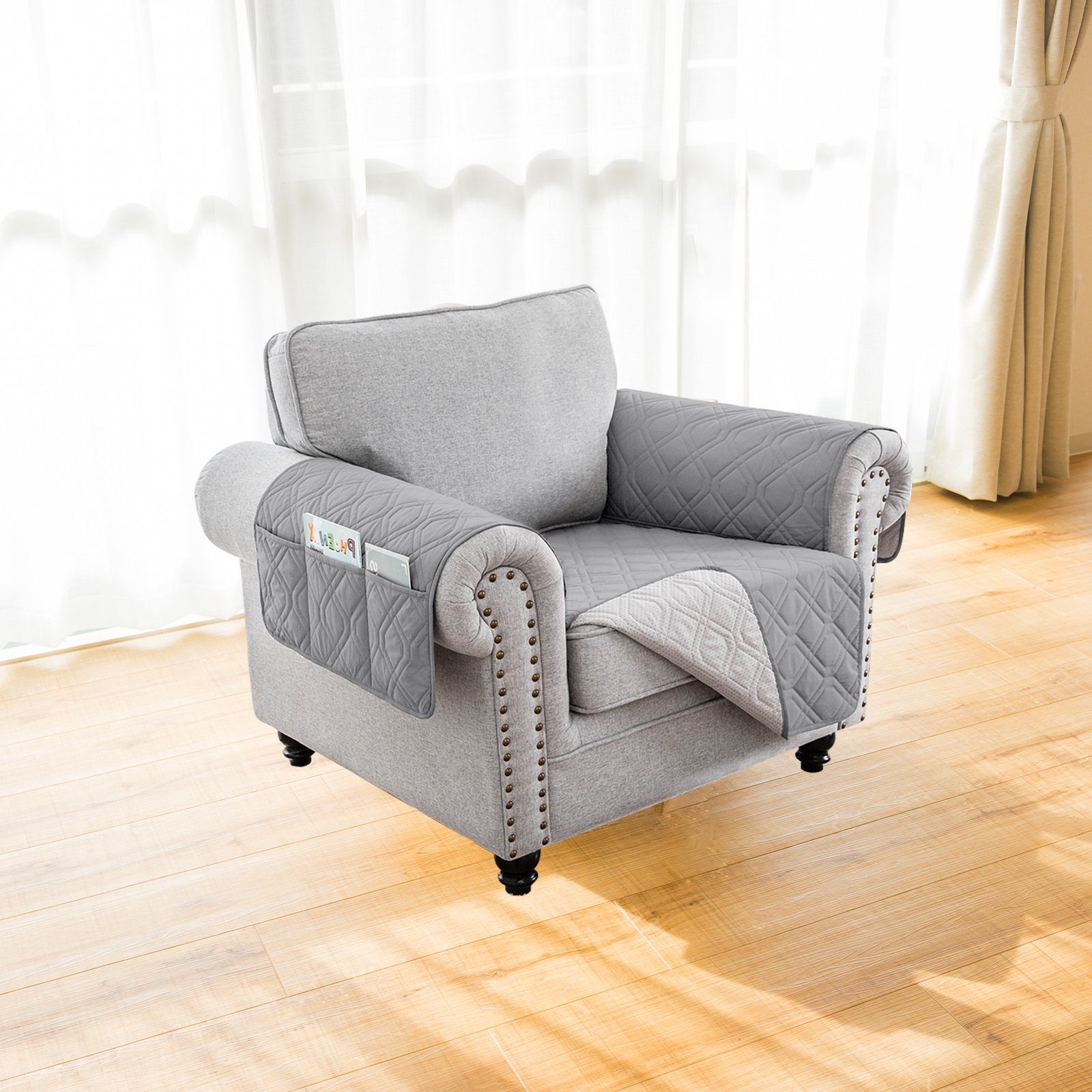 Sofaschoner Couch Schonbezug 1-,2-,3-Sitzer,Gesteppt Sofabezug,Armlehnen&Taschen
