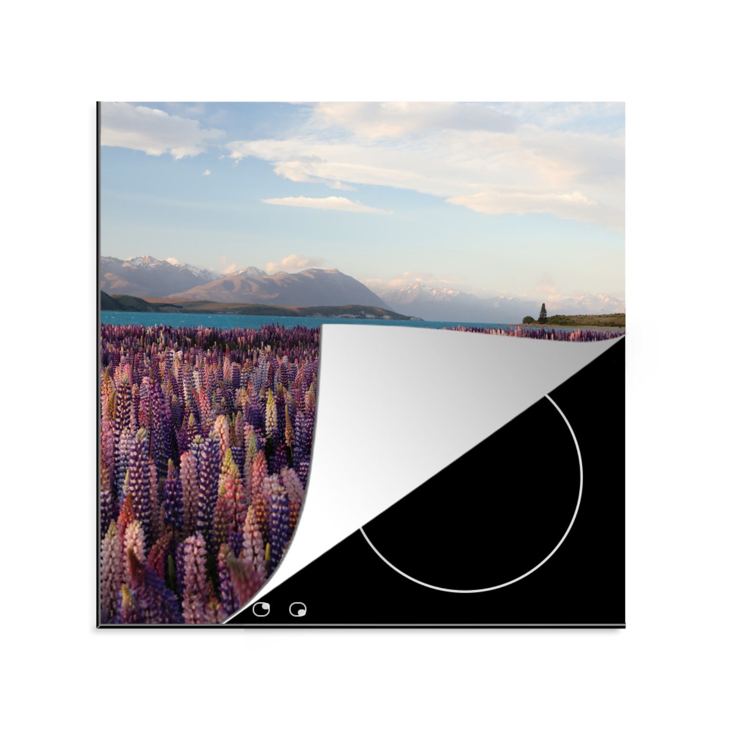 MuchoWow Herdblende-/Abdeckplatte Berge - Blumen - Neuseeland, Vinyl, (1 tlg), 78x78 cm, Ceranfeldabdeckung, Arbeitsplatte für küche | Herdabdeckplatten