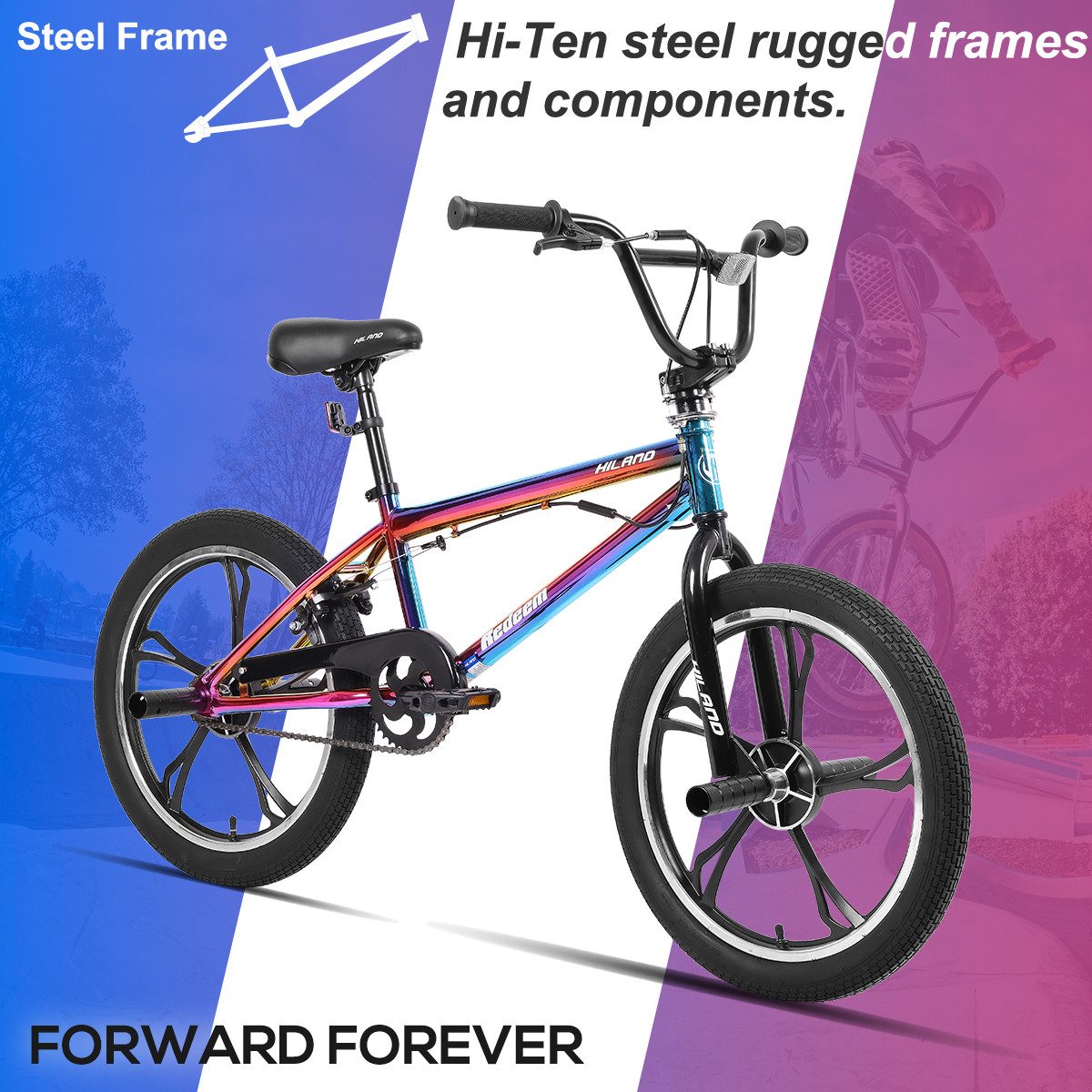 HILAND BMX-Rad 20 Inch 5 Spoke Kids BMX Bike for Boys Girls Ages 5-12, 360 Degree Rotor Freestyle, 4 Pegs Single Speed