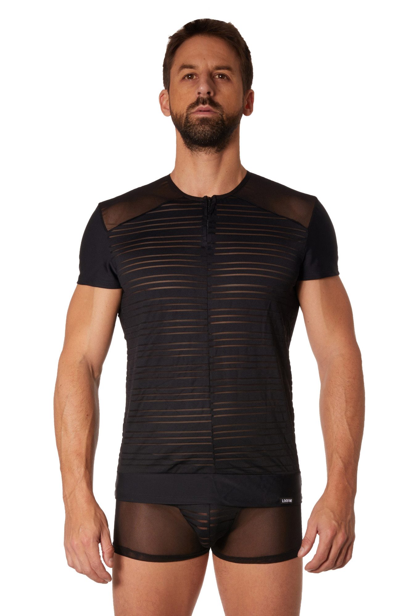LOOK ME T-Shirt Schwarzes Herren T-Shirt Dessous Shirt aus dehnbarem Tüll transparent