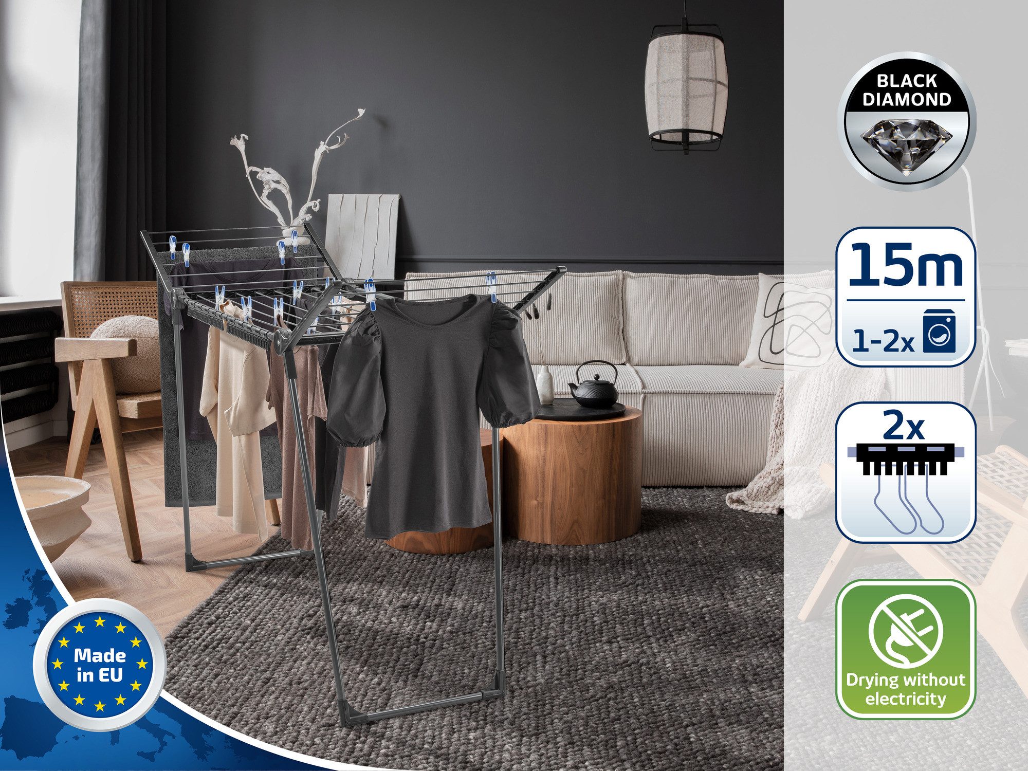 Leifheit Wäscheständer Standtrockner Pegasus 150 Solid Slim Black, 15m Trockenlänge, 105cm Flügelhöhe, schmal (55cm), zusammenklappbar