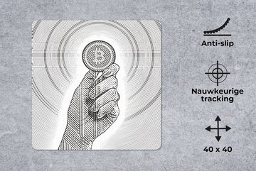 MuchoWow Gaming Mauspad Gravur-Illustration einer Hand mit einer Bitcoin (1-St), Mousepad mit Rutschfester Unterseite, Gaming, 40x40 cm, XXL, Großes