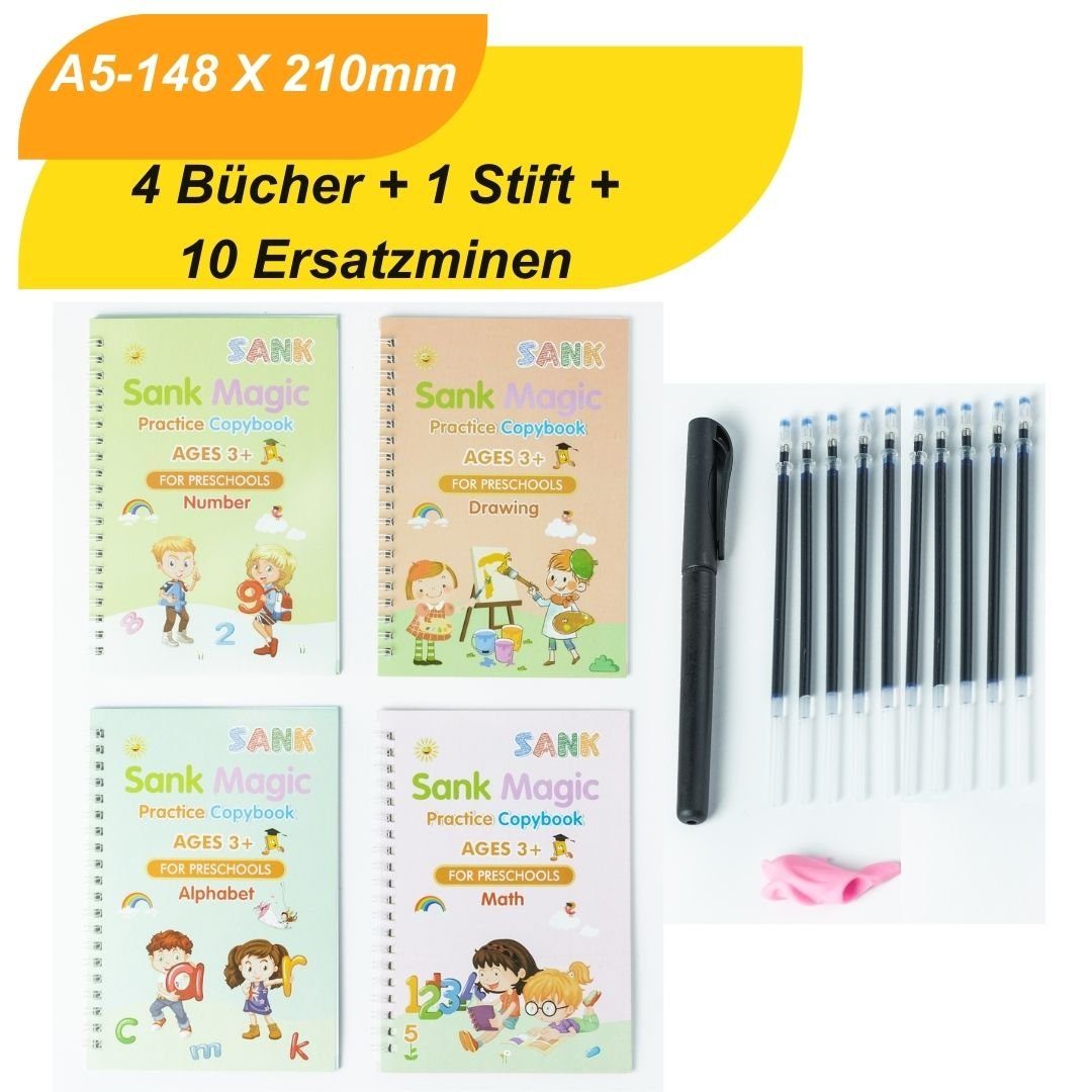 MaajeeKuto Notizbuch 4 MAGISCHE ÜBUNGSHEFTE INKL.10 ERSATZMINEN FÜR KINDER-WIEDERVERWENDBAR, sank magic book