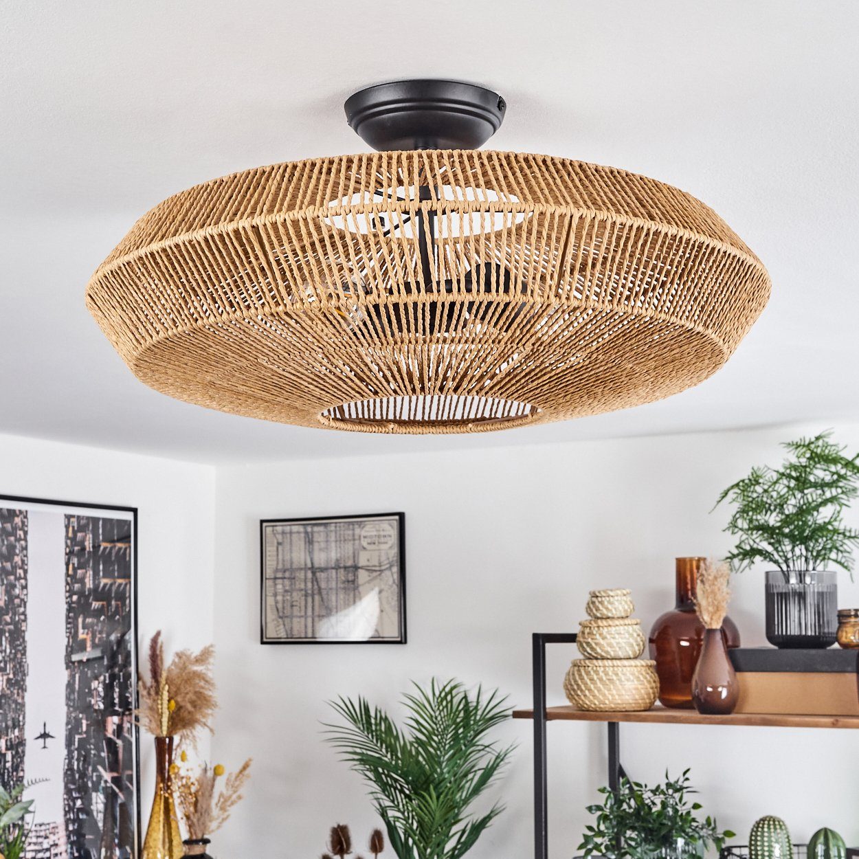 hofstein Deckenleuchte »Alvi« moderne Deckenlampe aus Metall/Rattan in Schwarz/Natur, ohne Leuchtmittel, Leuchte im modernen Design mit Lichteffekt, ø51, 5cm, 2 – Bild 2 von 5