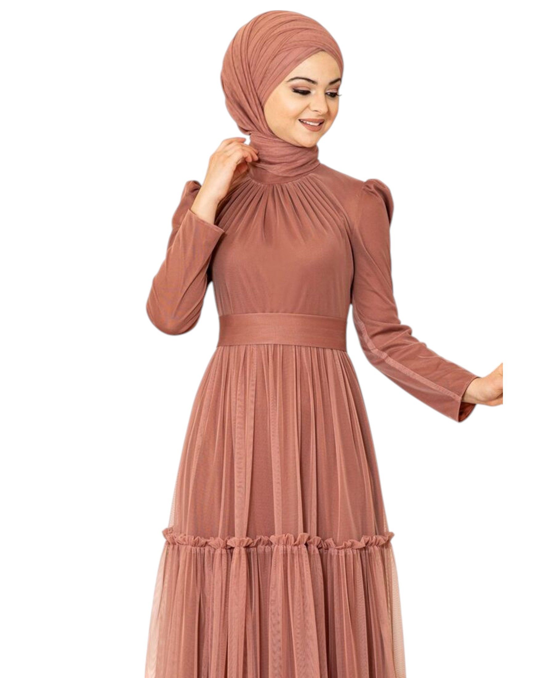Modavitrini Abendkleid Tüllkleid mit Rüschenrock Hijab Kleid Abiye Abaya Maxikleid Mehrlagiger Tüllrock, eleganter Maxischnitt, blickdichtes Unterkleid