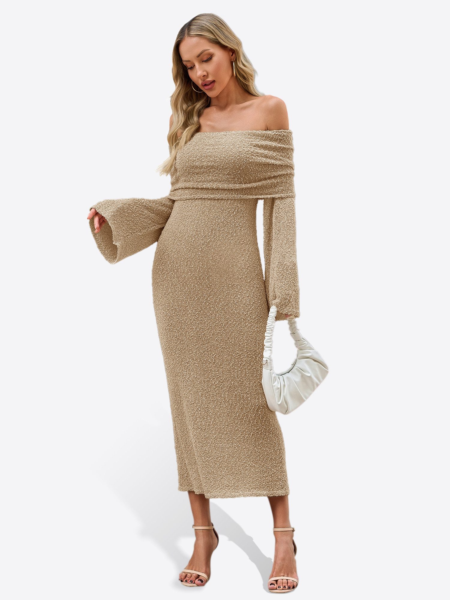Imily Bela Strandkleid Damen Schulterfrei Strick Maxi Trompetenärmel Sexy Bikini Cover-up (Packung, 1-tlg., 1per-Pack) gehäkelt in Unifarbe – Bild 3 von 5