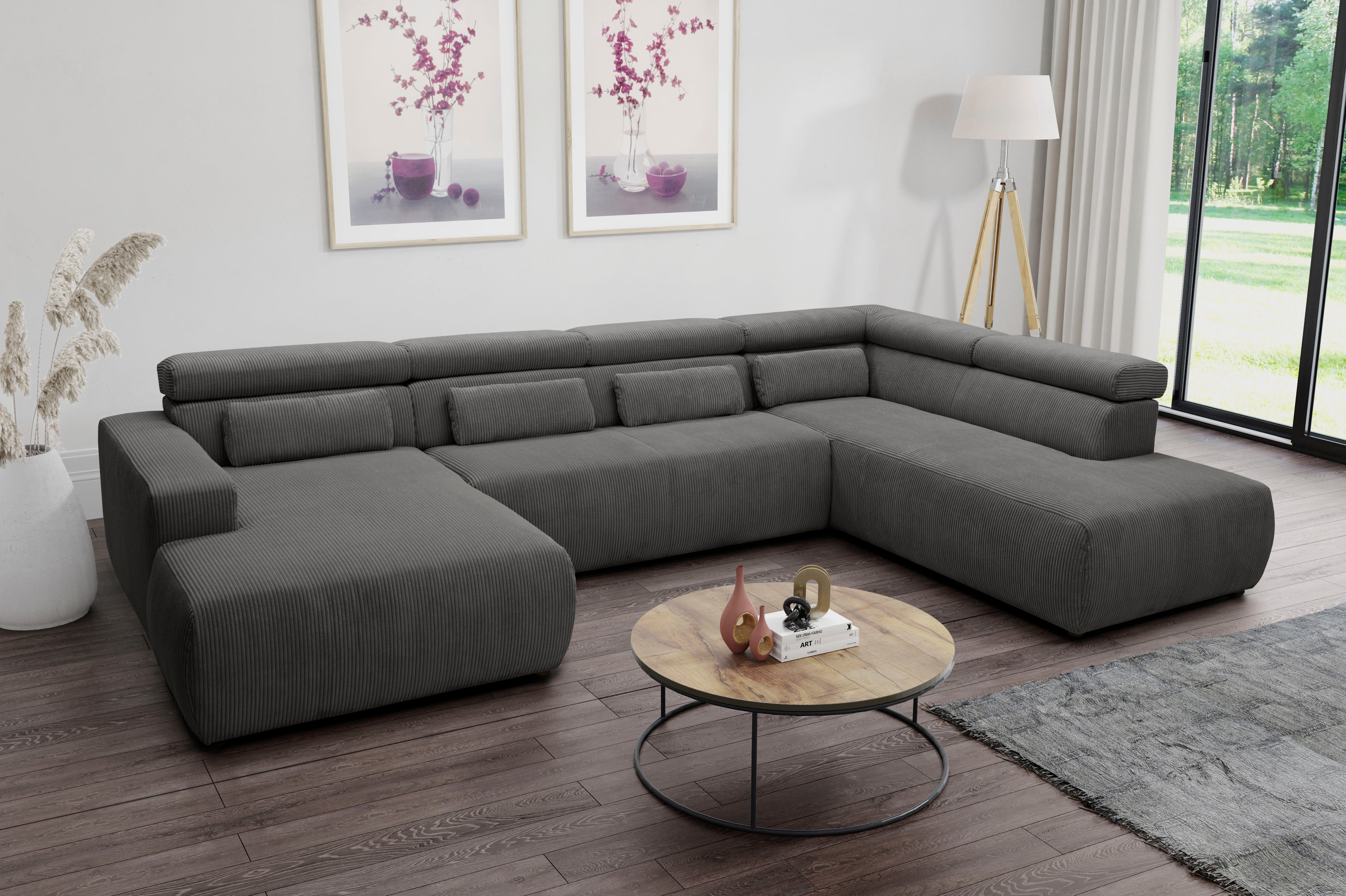 DOMO collection Wohnlandschaft BRANDON whlw. mit Sitztiefenverstellung, whlw. Nierenkissen, ohne Sitztiefenverstellung, Cord, grau