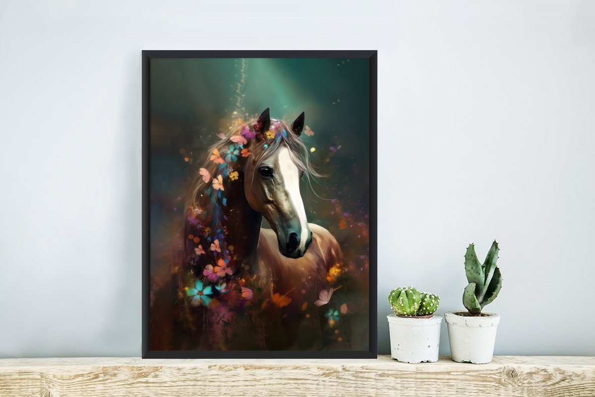 (1 - St), mit Poster, Schmetterling Pferd Kunstdruck, Rahmen, Blumen, Schwarzem Gerahmtes - Natur - - Tiere MuchoWow Poster Bilderrahmen