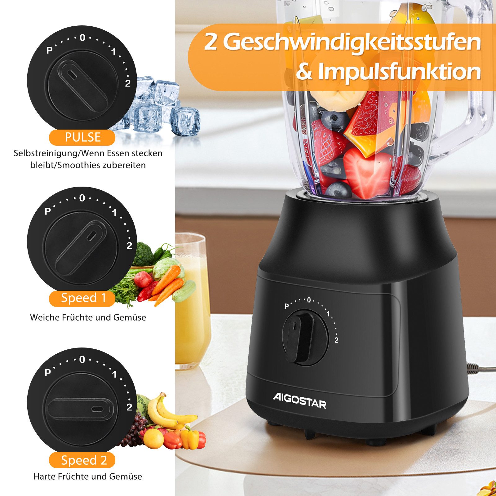 Aigostar Smoothie-Maker Standmixer 1.5 Liter, Ice Crush Funktion, 2 Geschwindigkeiten + Pulse, 600,00 W, Multifunktionsmixer, Titanbeschichteten Klingen, Sicherheitsschloss