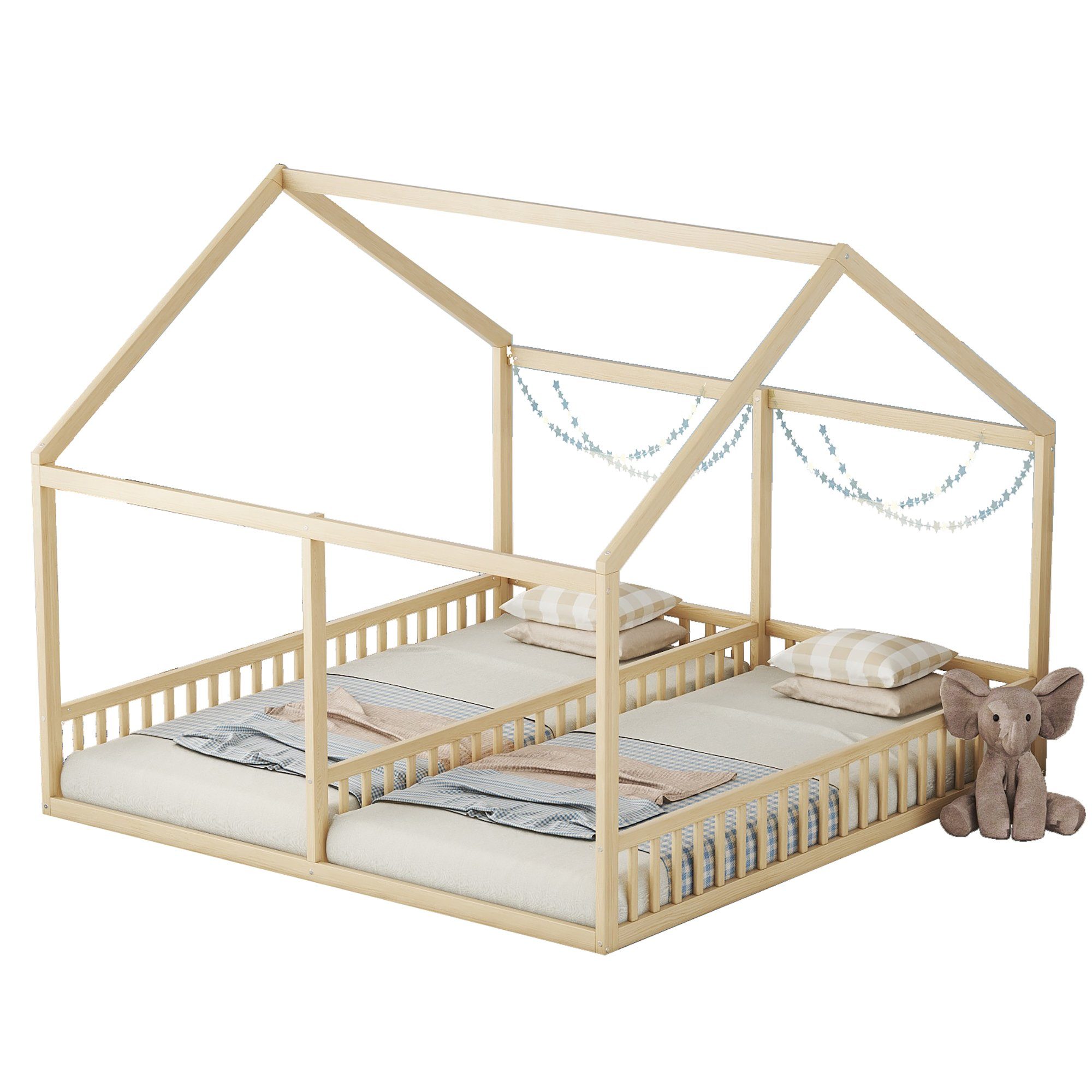 Einzelbetten, (flache Funktionsbett WISHDOR Hausmodelle, Holzbett Betten, ohne Matratze 2-in-1-Betten), 2-in-1-Betten Natur Kinderbett
