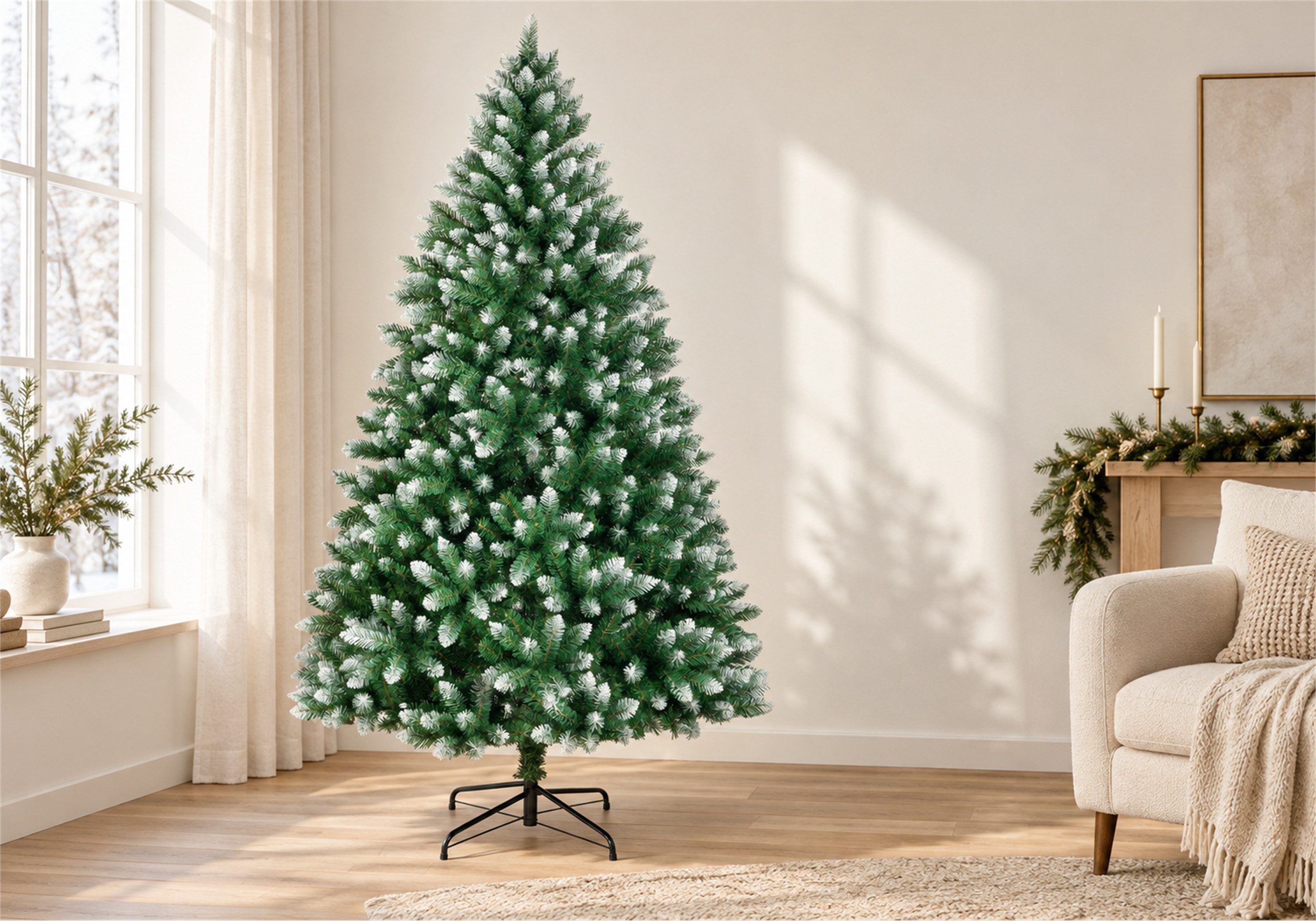 Vankel Künstlicher Weihnachtsbaum grüner Tannenbaum mit weißen Spitzen, Schnee-Optik und Metallständer, Grüner Tannenbaum mit dezenten Schneeakzenten und einem  – Bild 2 von 5