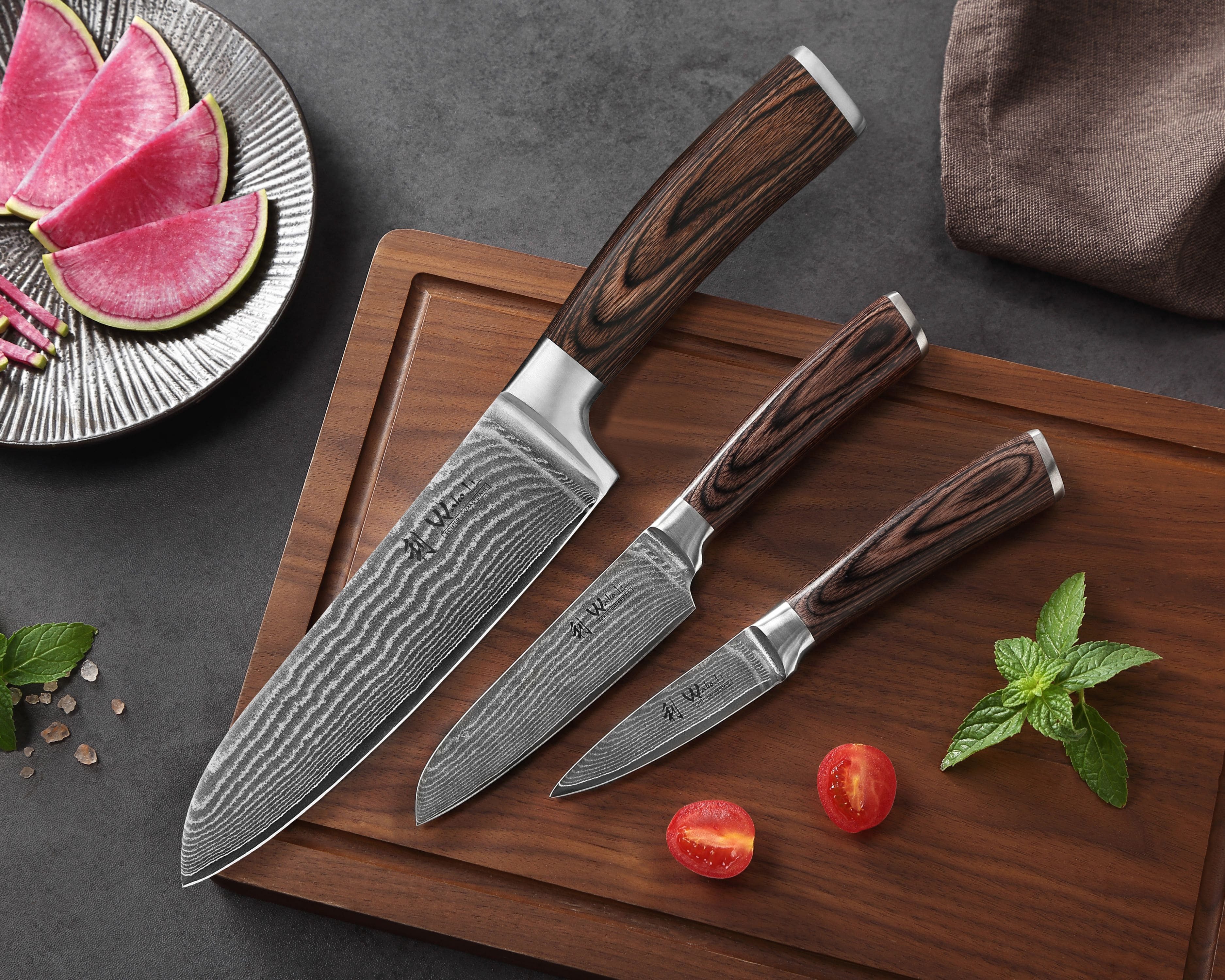 Wakoli Messer-Set Edib 3er Universal Kochmesser-Set 8 -17cm Klingen Pakkaholzgriffe (Küchenmesser Set in Holzbox, 3-tlg., 1x Santoku, Santoku klein, Spickmesser – Bild 5 von 5