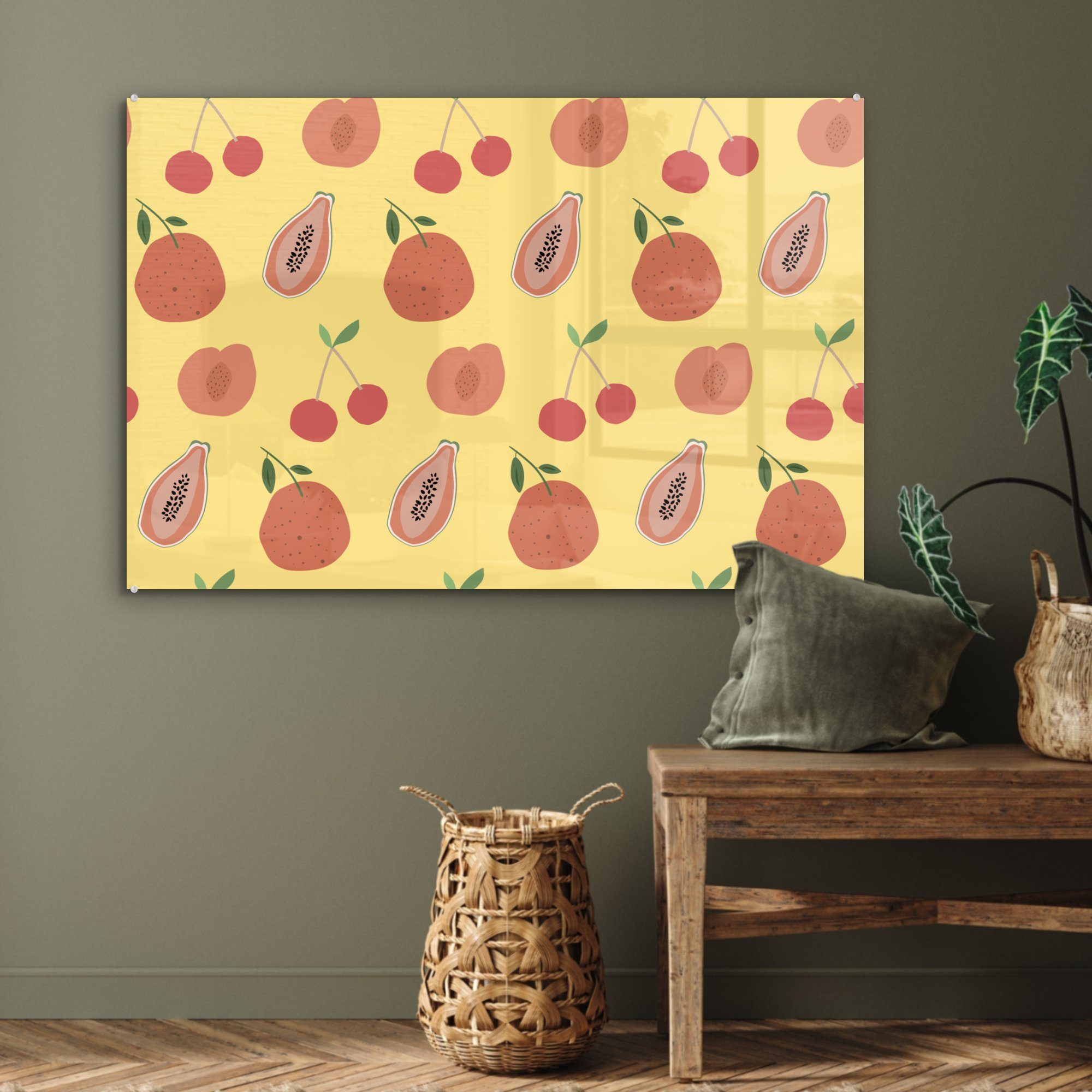 MuchoWow Acrylglasbild - & Acrylglasbilder Rot Muster, - Gelb Obst Schlafzimmer - St), Wohnzimmer (1