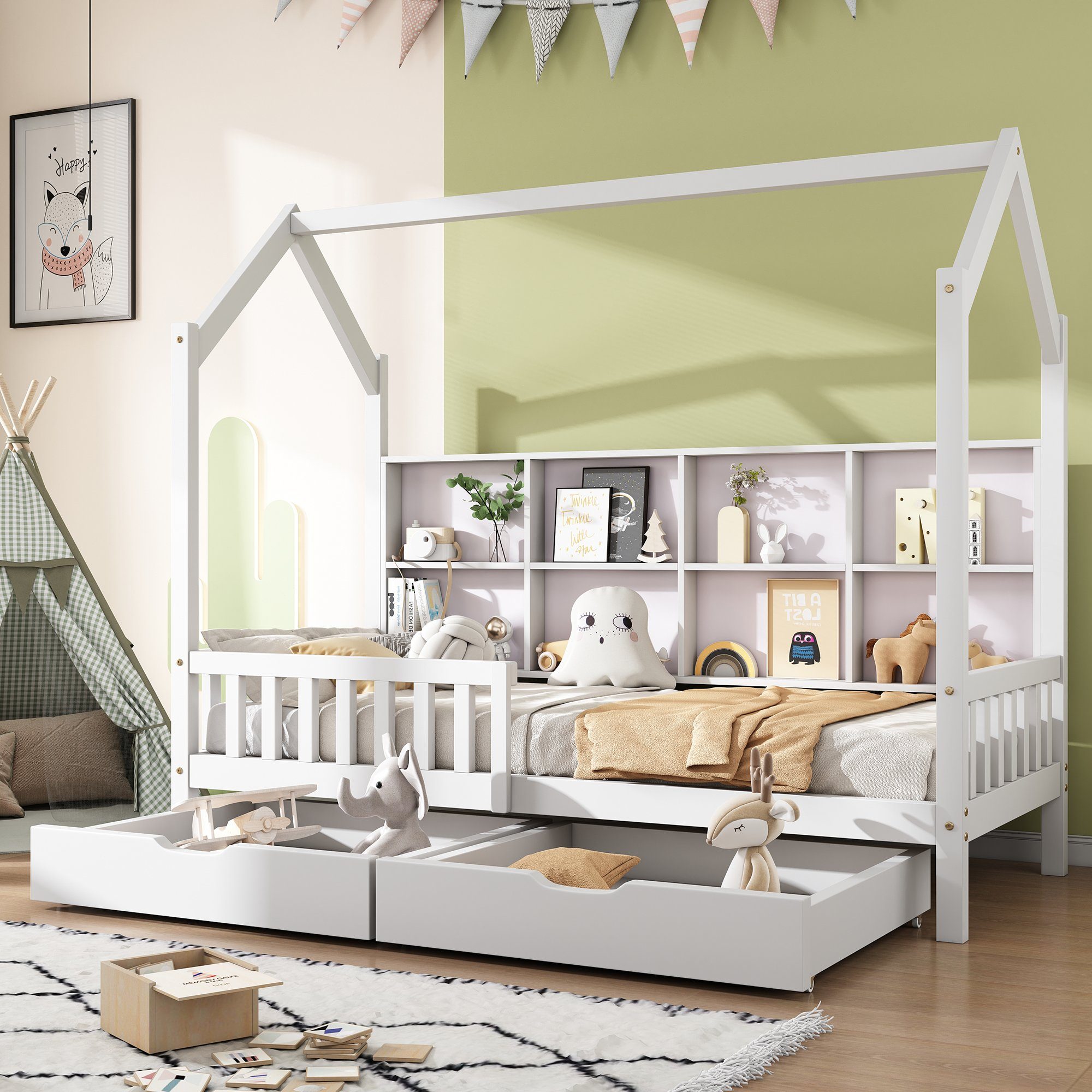 SOFTWEARY Kinderbett Hausbett mit 2 Schubladen und Lattenrost (90x200 cm), Einzelbett inkl. Rausfallschutz, Kiefer