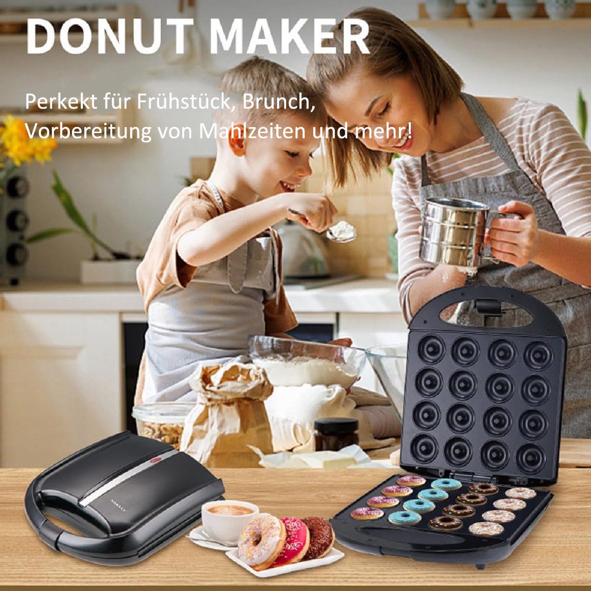 SOKANY Donut-Maker 5cm Mini-Donut-Maker für 16 Donuts, Antihaftbeschichtung, 1400 W, Automatische Temperaturregelung, BPA-frei