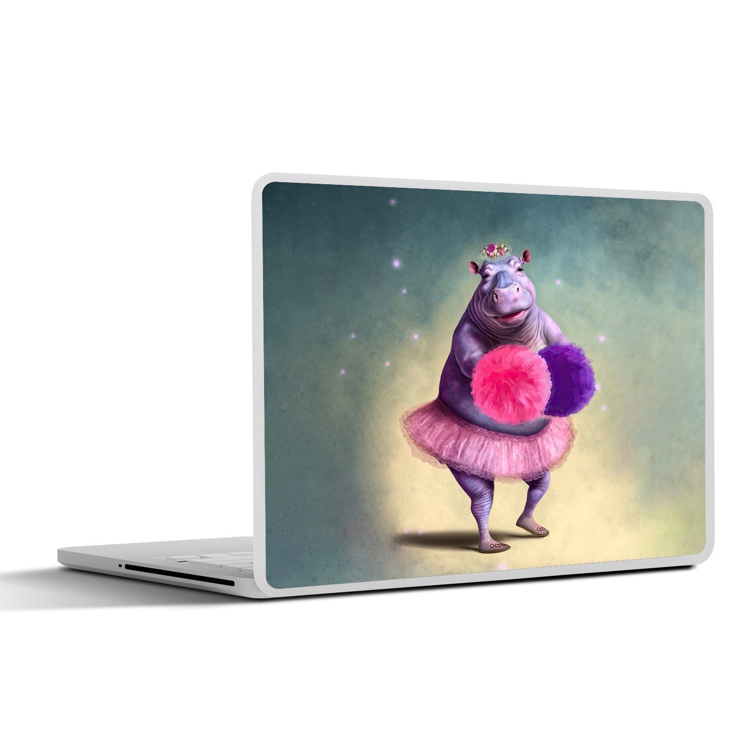MuchoWow Laptop-Aufkleber Nilpferd - Blumen - Ballerina - Pompons - Porträt - Kinder, (1tlg), Laptop Folien Cover, Aufkleber, Sticker, Schutz vor Kratzern, 25x18 cm