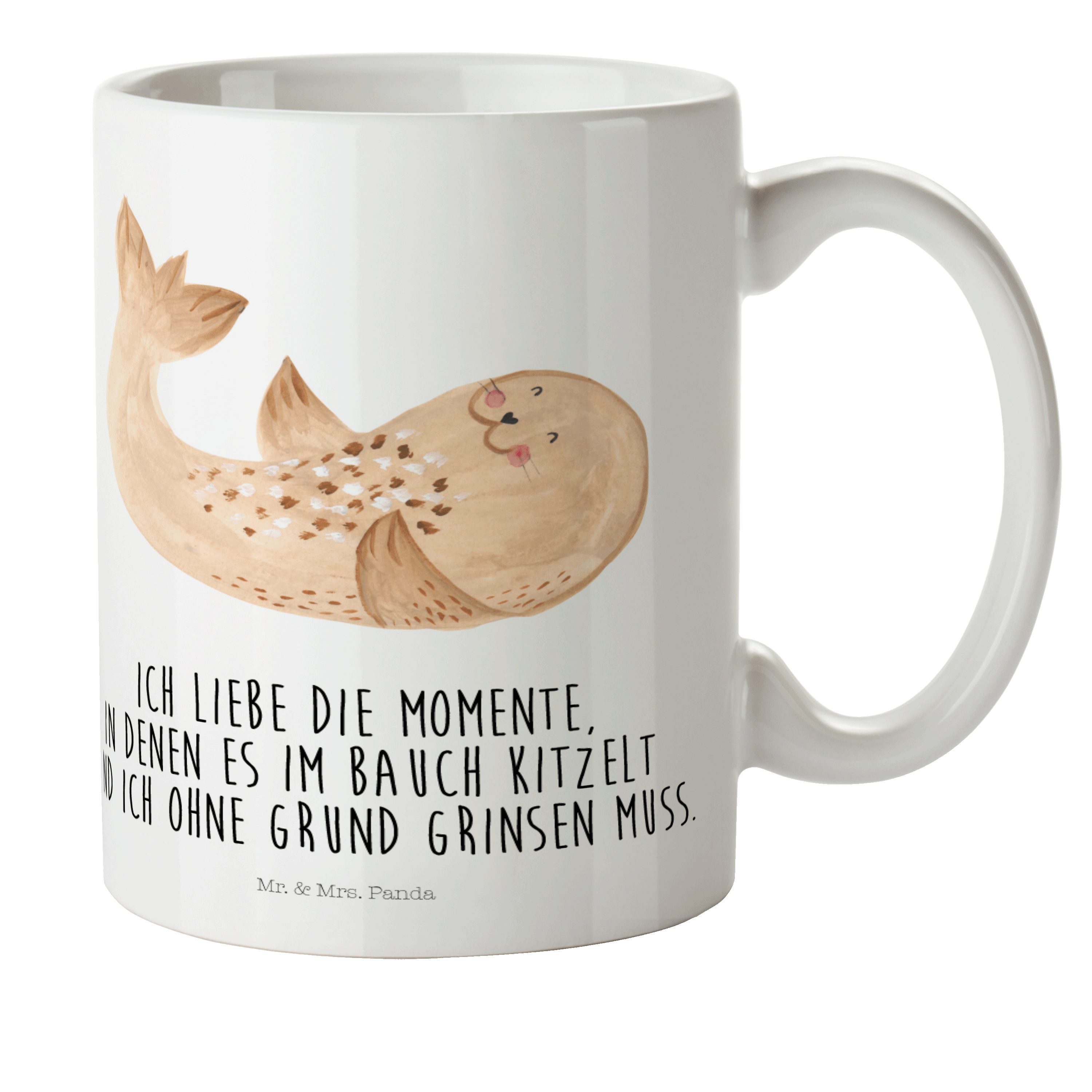 Mr. & Mrs. Panda Kinderbecher Robbe liegend - Weiß - Geschenk, Kindergartenbecher, Kunststoff Tasse, Kunststoff