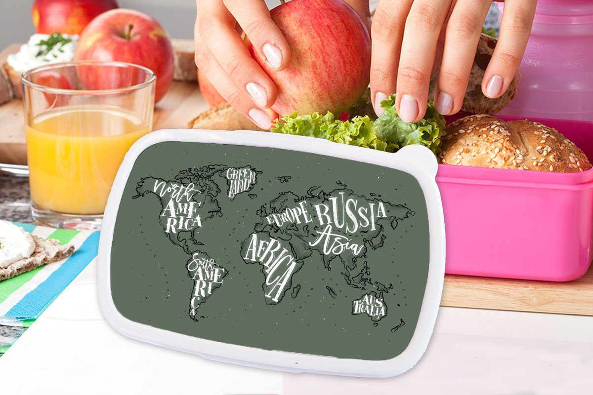 - Brotbox Kunststoff Kinder, (2-tlg), Weltkarte Mädchen, - Lunchbox Kunststoff, Brotdose Weiß, Snackbox, Erwachsene, für Grau rosa MuchoWow