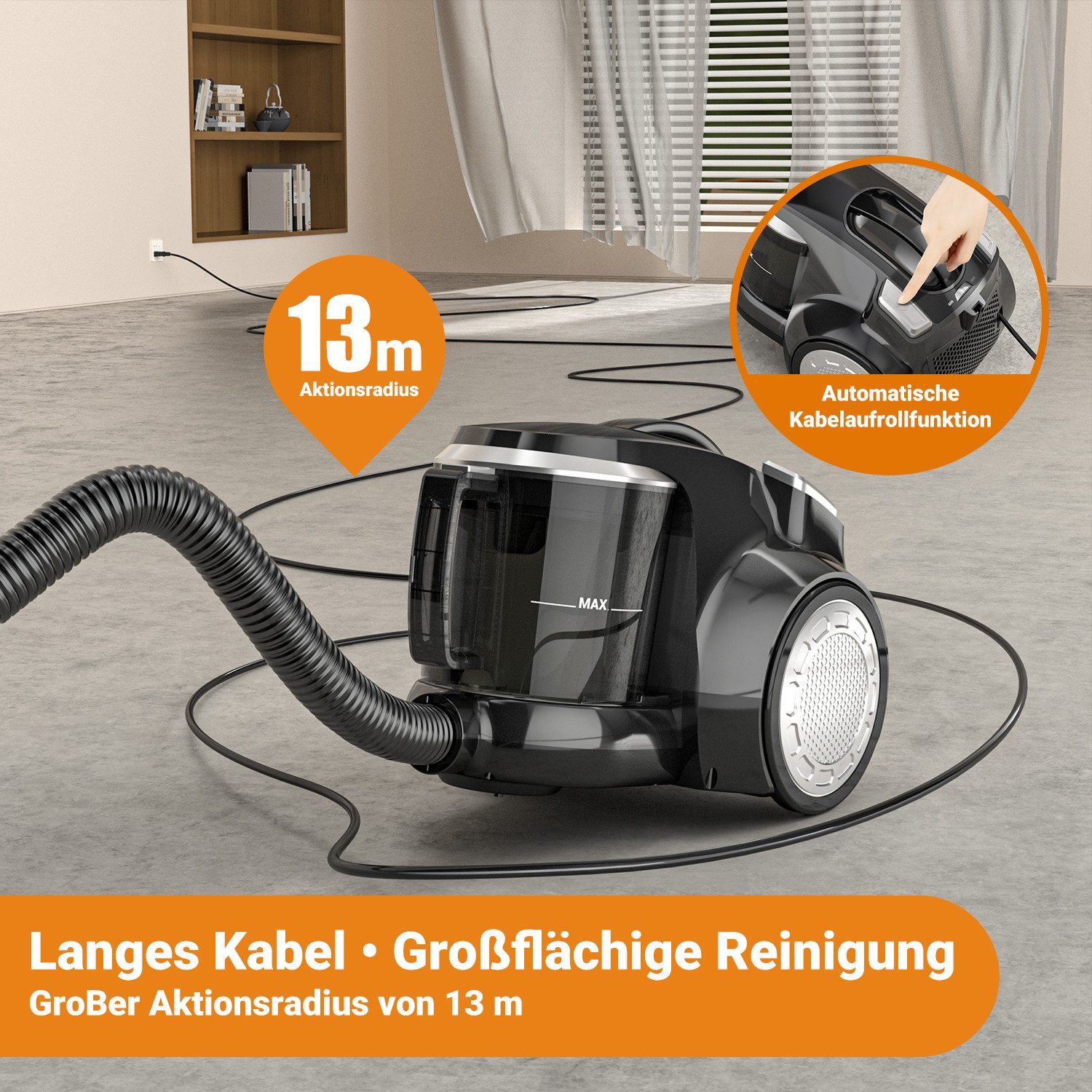 Forrlite Bodenstaubsauger Beutelloser Staubsauger starke Saugleistung,Kompakt Leicht Staubsauger, beutellos, für Hartböden Teppiche,leise,2,5L Staubbehälter, 5m Kabel