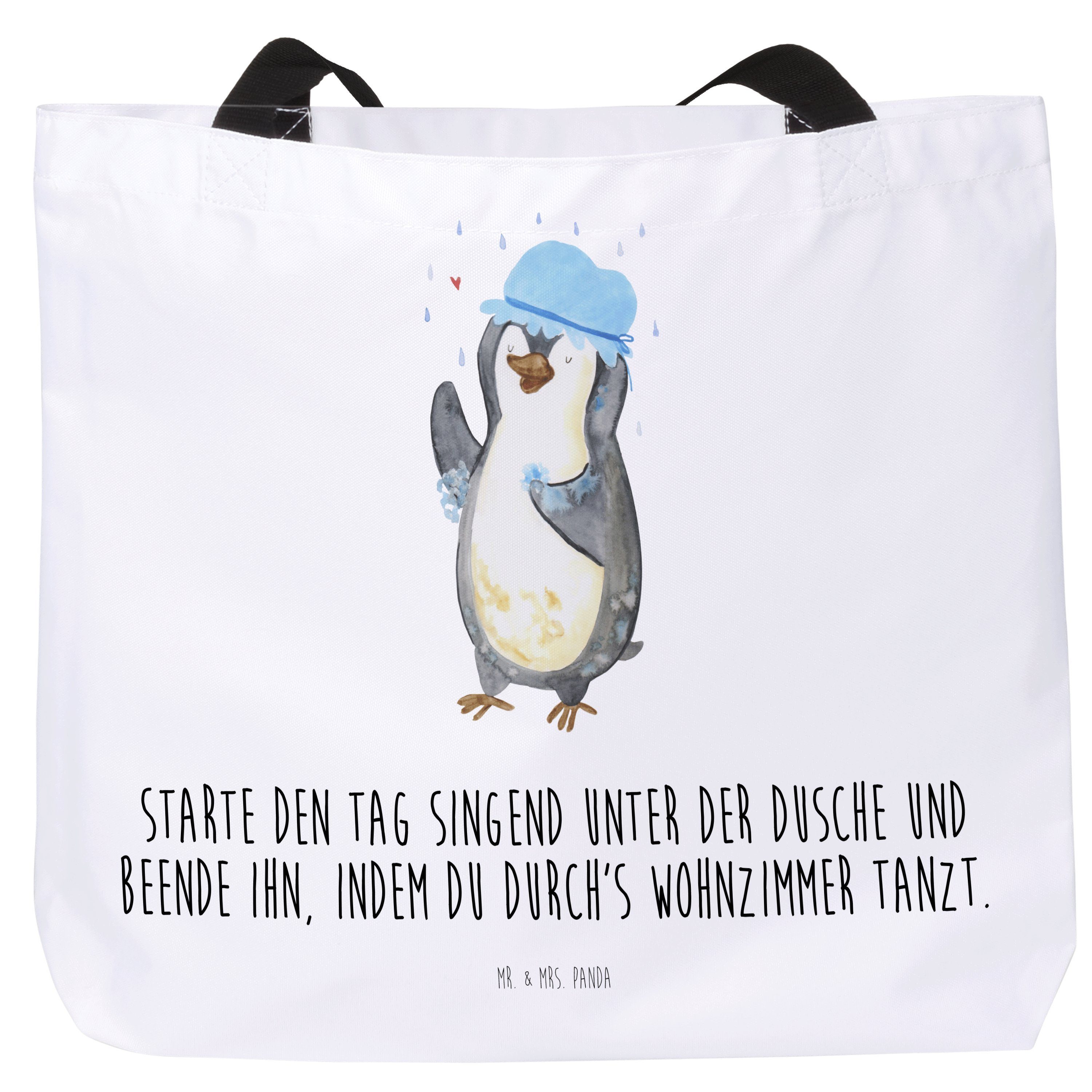 Mr. & Mrs. Panda Shopper Pinguin duscht - Weiß - Geschenk, Dusche, Beutel, Strandtasche, Trage (1-tlg)