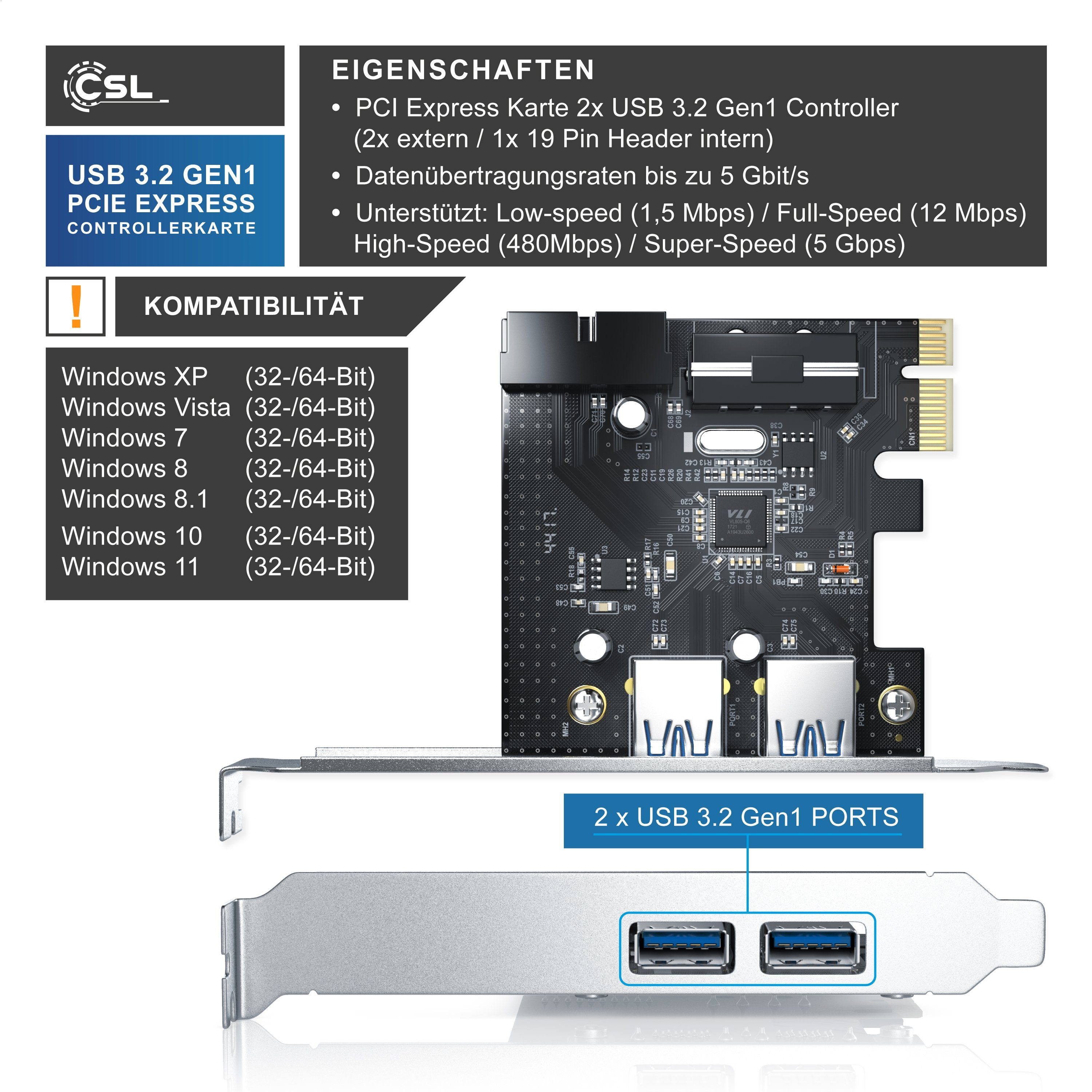 CSL USB-Adapter, 2 Port USB 3.2 Gen1 PCI Express Controllerkarte, 2 Schnittstellen
