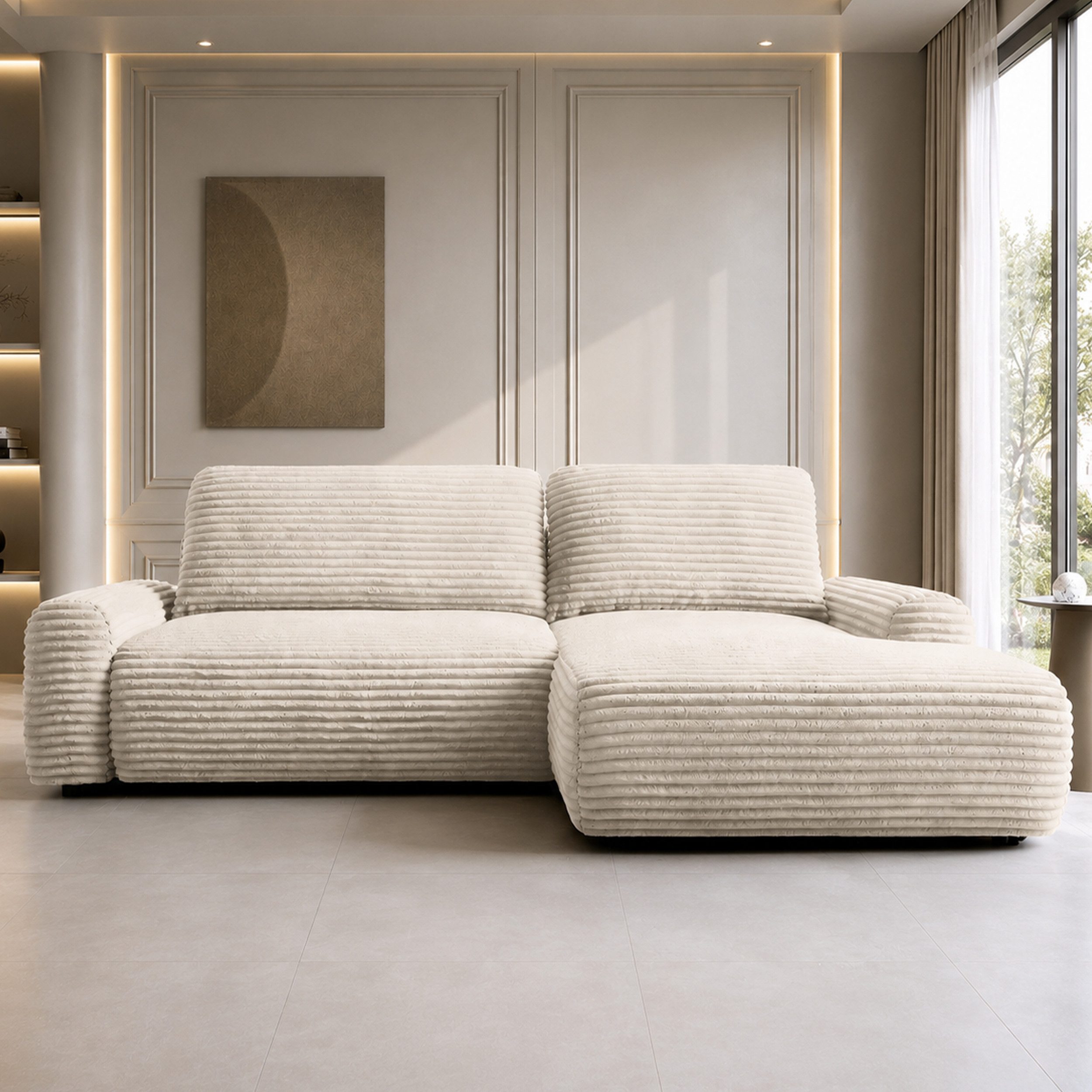 Goldstoff Ecksofa mit Schlaffunktion und Bettkasten, Cord Sofa - Modernes Schlafsofa, L-Form Schlafsofa mit Schlaffunktion und Bettkasten, moderner Cordstoff 2 Teile, pflegeleichtes Cordsofa mit Schlaffunktion in beige