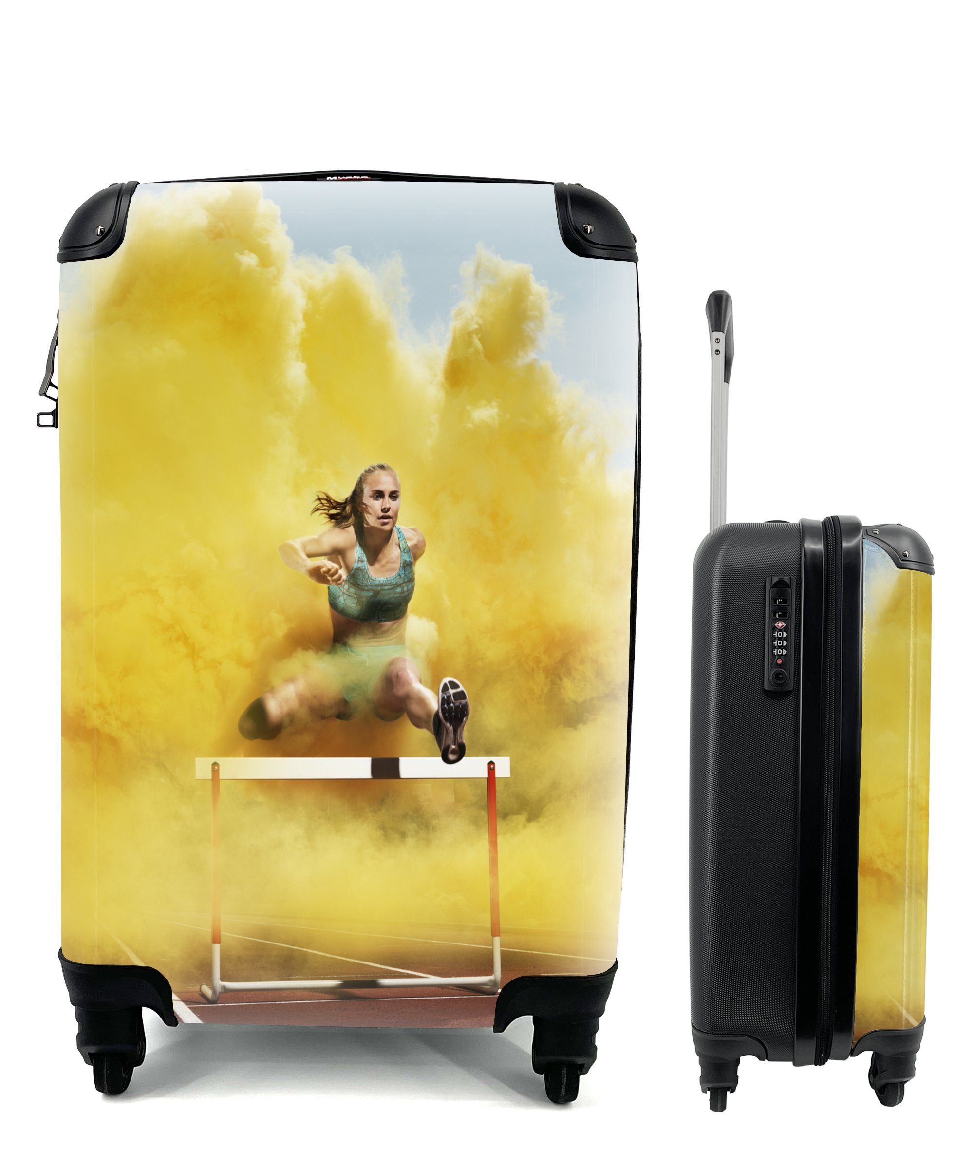 MuchoWow Handgepäckkoffer Sportler springt durch gelben Rauch, 4 Rollen, Reisetasche mit rollen, Handgepäck für Ferien, Trolley, Reisekoffer