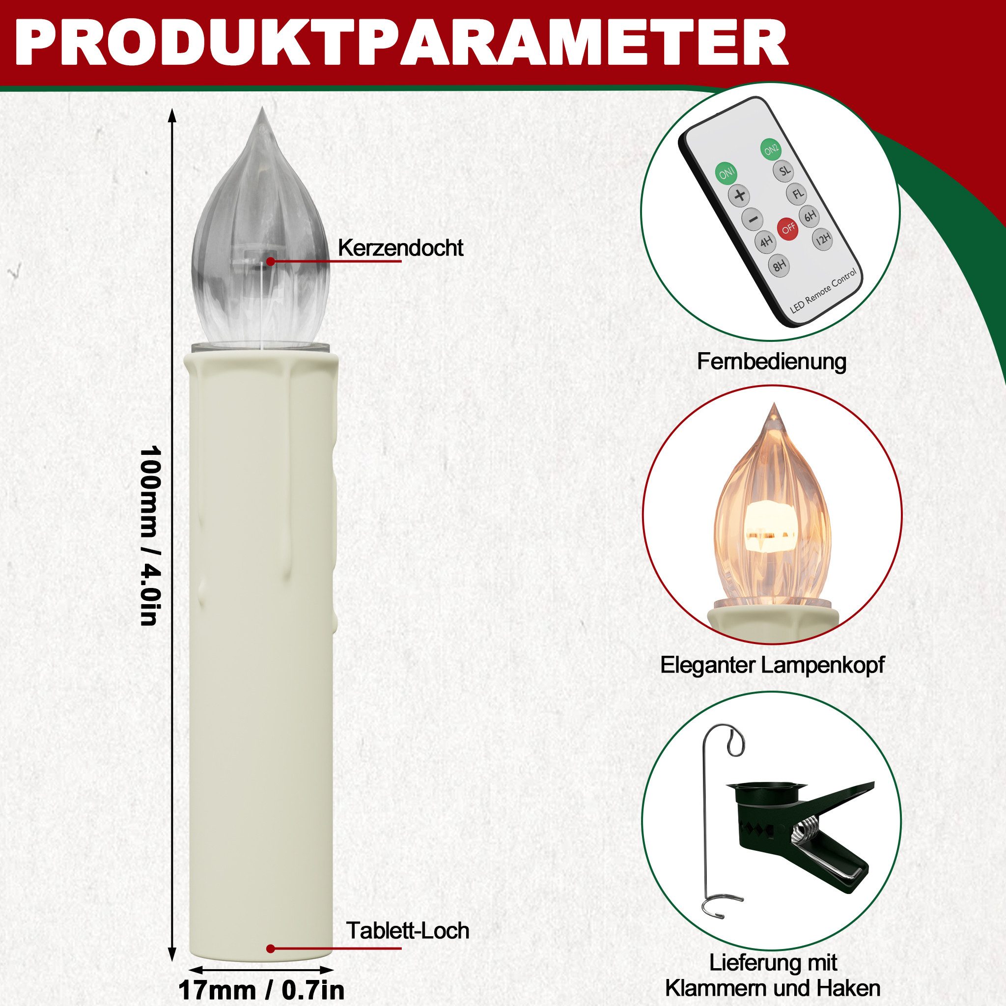 FIVMEN LED-Kerze Weihnachtskerzen mit Haken Kabellos Dimmbar Kerzen mit Fer günstig online kaufen