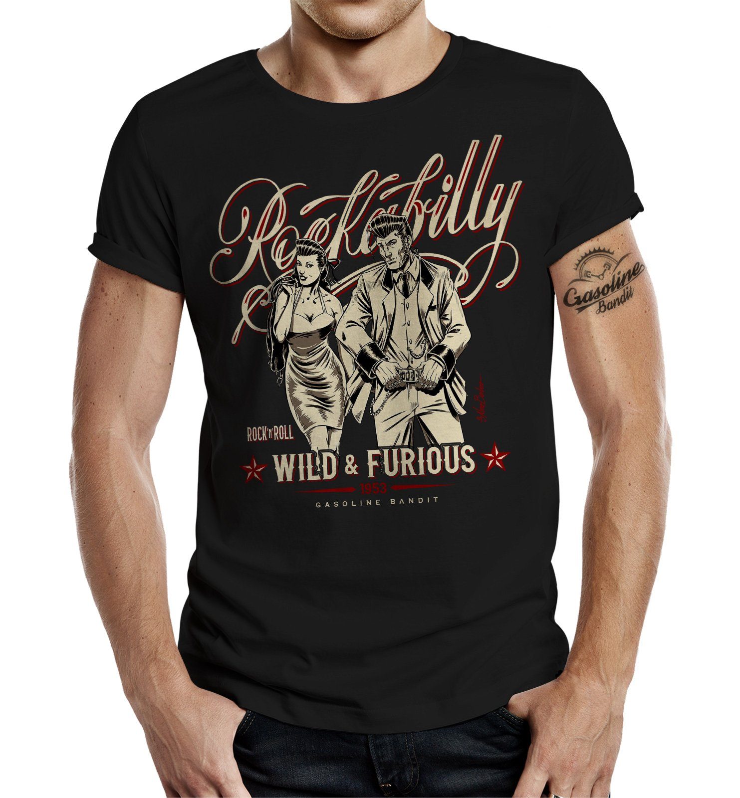 GASOLINE BANDIT® T-Shirt für Roll Fans - Rock'n Wild and Furious Rockabilly