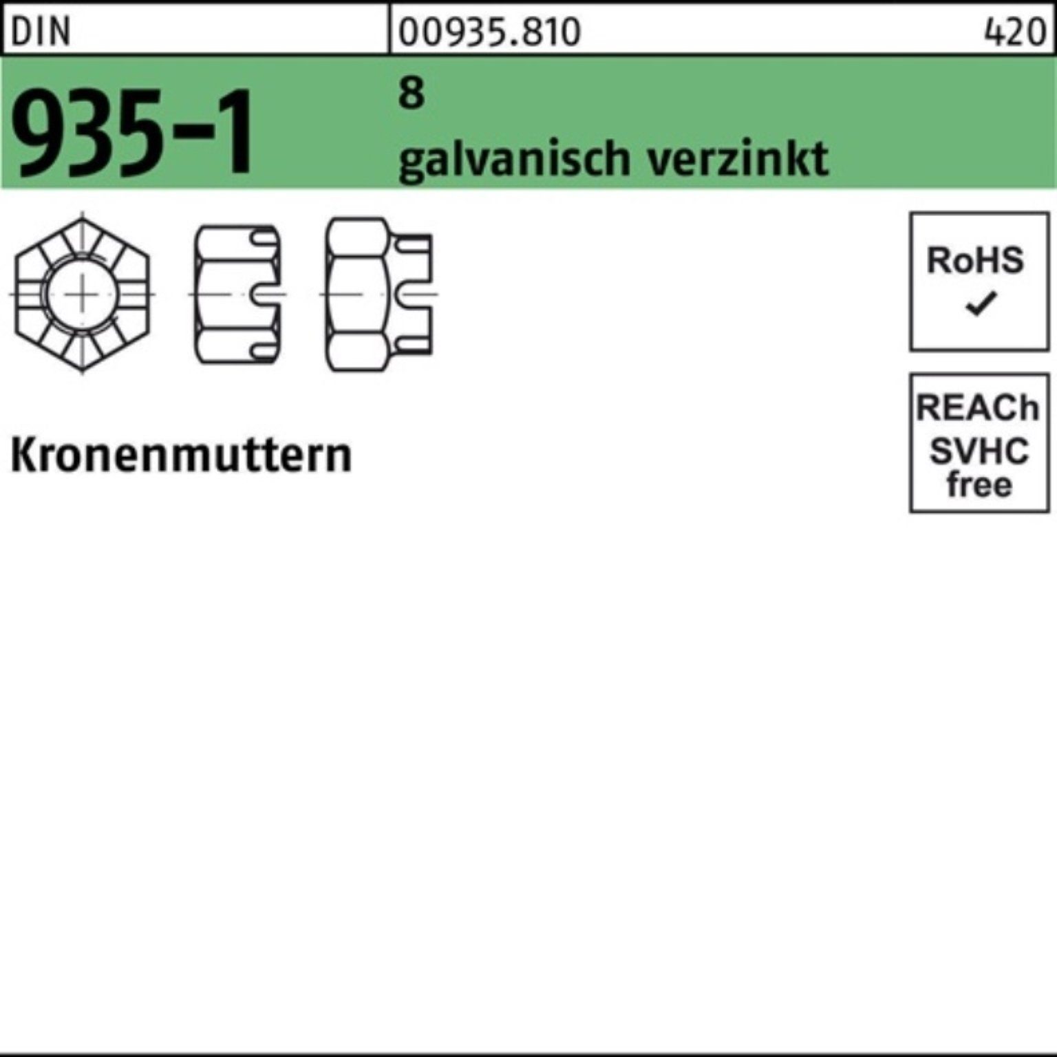 Reyher Kronenmutter 100er Pack Kronenmutter DIN 935-1 M39 8 galv.verz. 1 Stück DIN 935-1 | Muttern