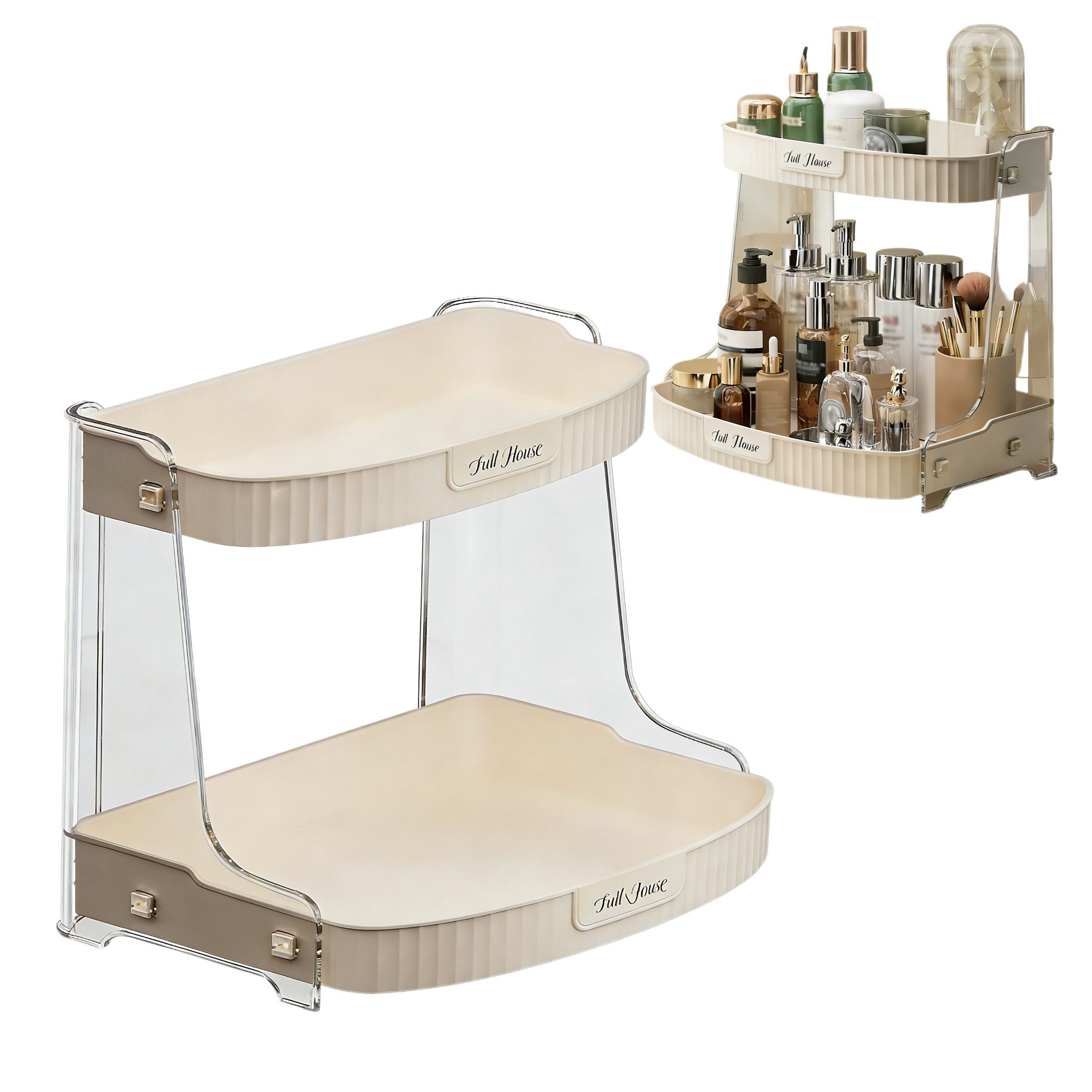 HEYHIPPO Make-Up Organizer Kosmetik Organizer zweistöckig 30,5×22×28cm,Cremeweiß,robust&stilvoll, Organizer für Hautpflegeprodukte, stabiles Regal mit großer Kapazität, Make-up Aufbewahrungsbox mit 2 Ebenen,PET-Material,ideal für Bad&Tisch