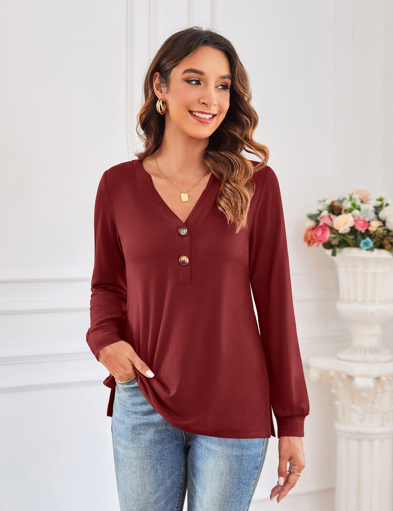 Beluring Langarmshirt Damen T-Shirt, Locker Freizeit V-Ausschnitt Bluse, Sc günstig online kaufen