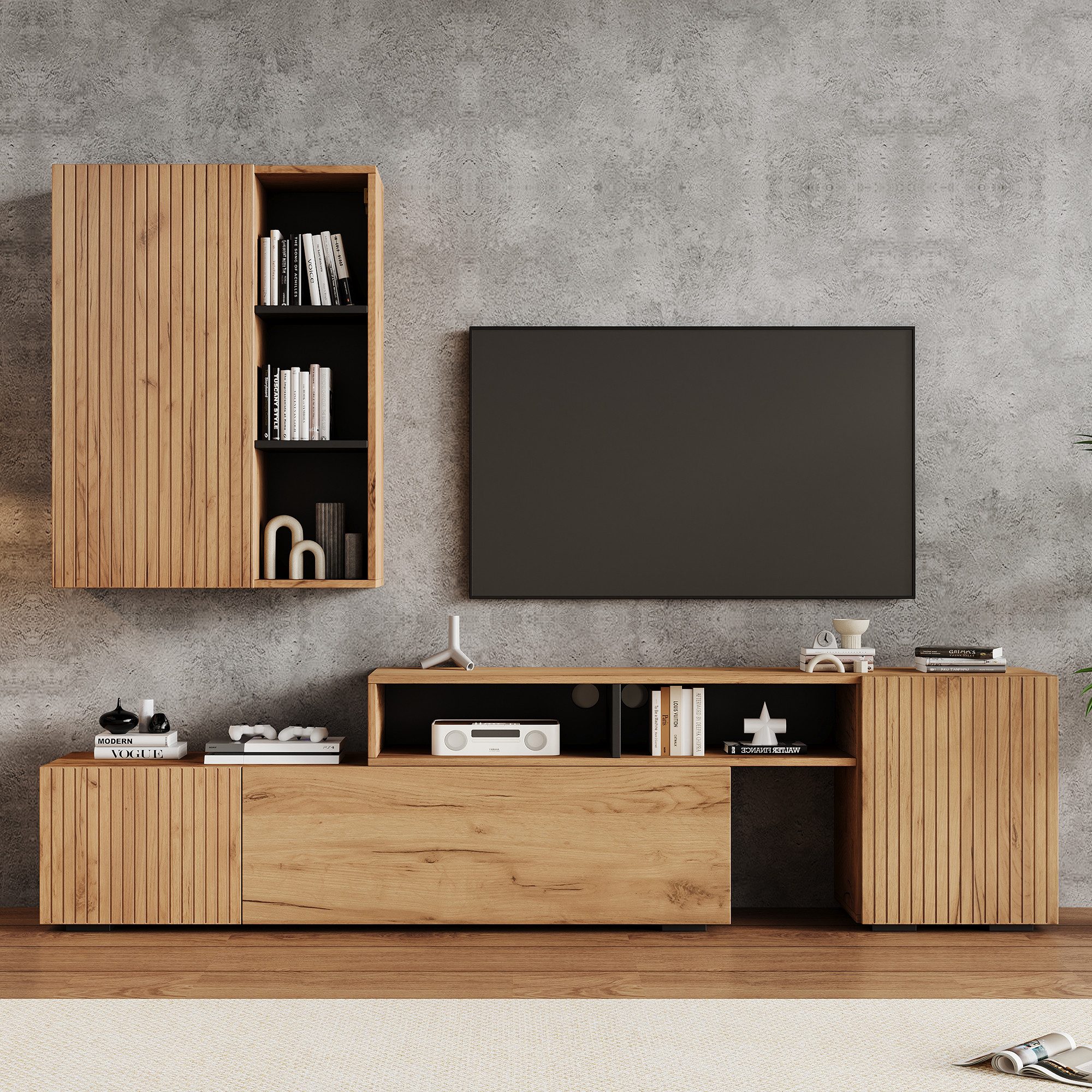 Merax Wohnwand, (2-St), Wohnwand-Set mit TV-Board und Standregal, in Holzfarbe & Schwarz