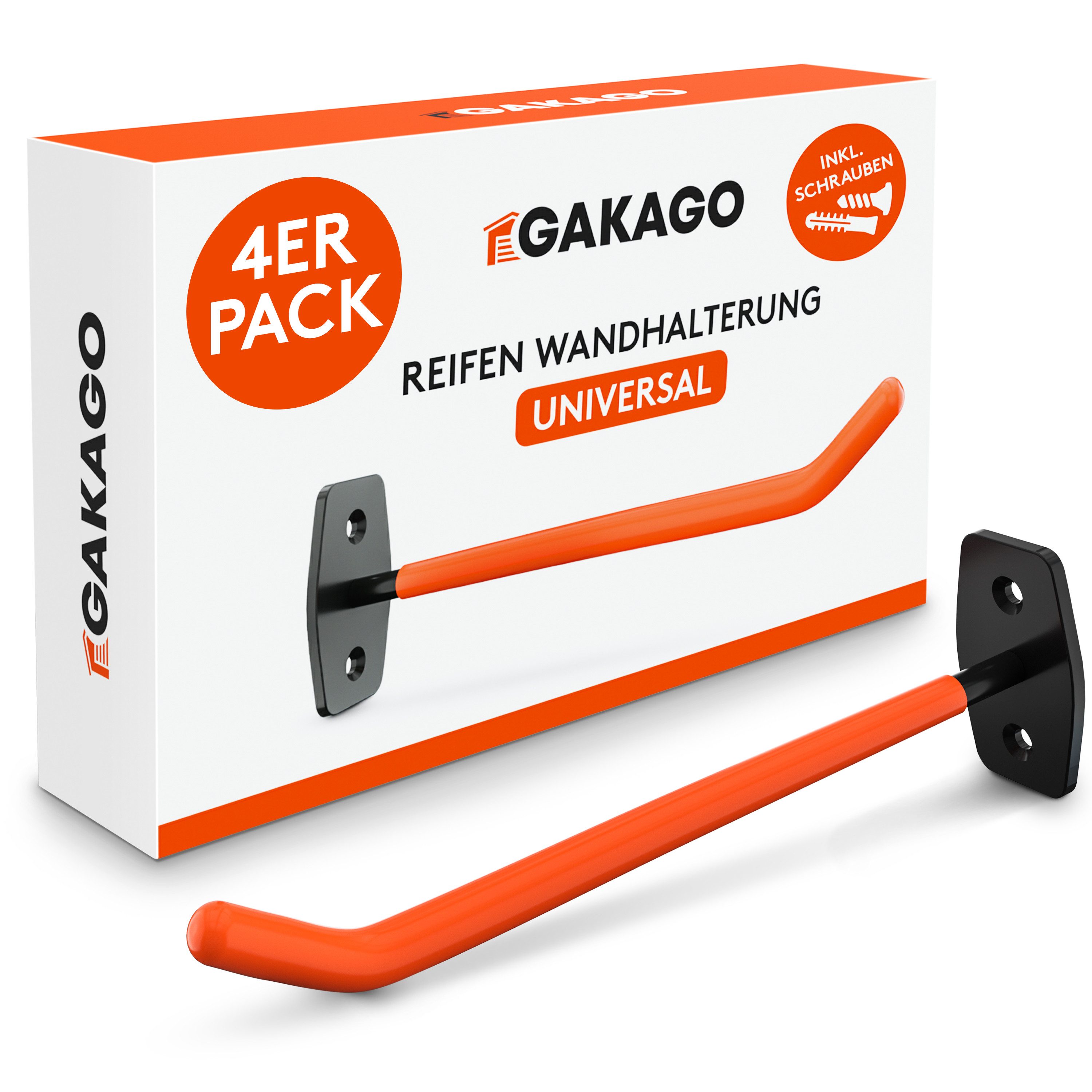 Gakago Reifen-Wandhalterung, (4-tlg., für Autoreifen & Felgen, - Extra lang inkl. Schrauben & Dübel mit Montageanleitung)