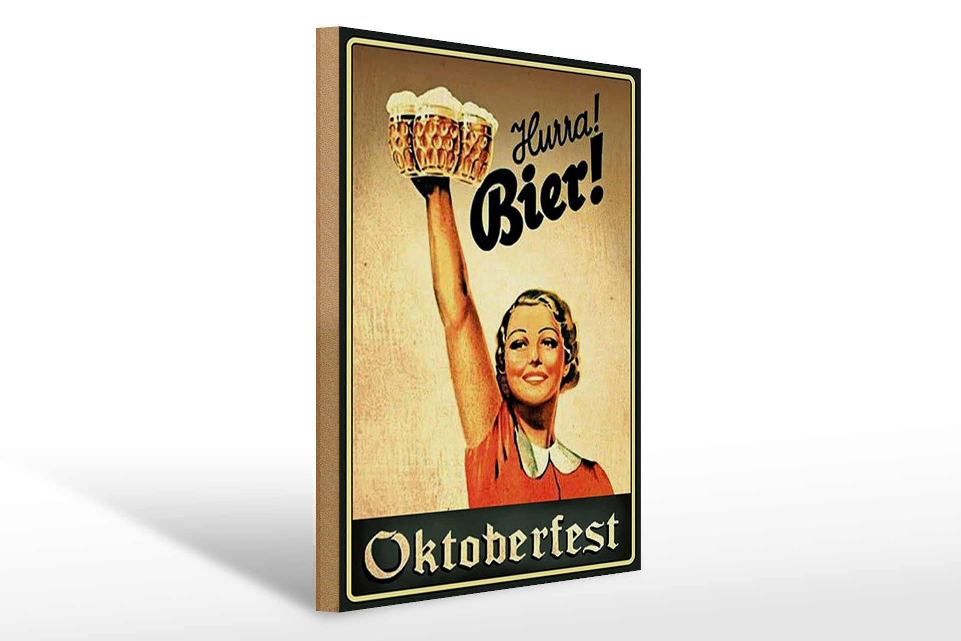 Holzbild Spruch 30x40cm Oktoberfest Hurra Frau mit Bier