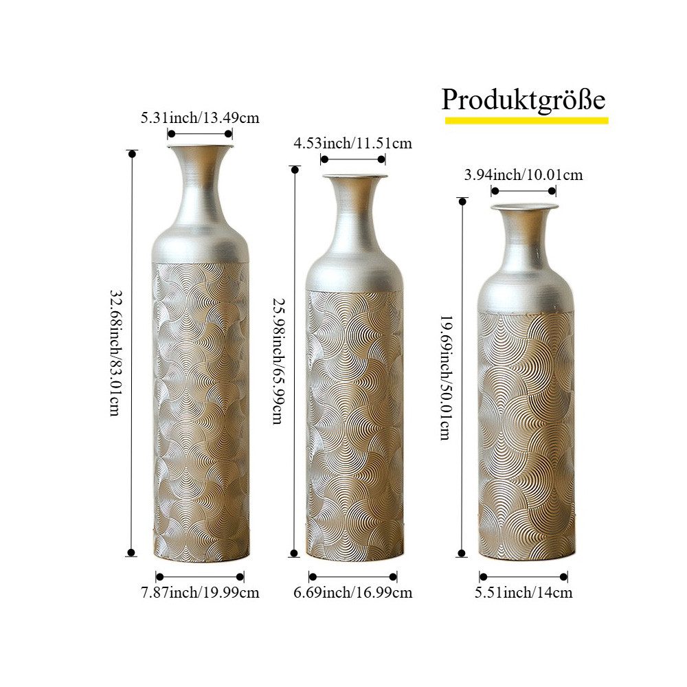 BlingBin Bodenvase Bodenvase Große 3er Set (50/66/83 cm) - Metallvasen mit Rillenmuster (3er Set, 3 St., Groß: 20*20*83CM/Mittel: 17*17*65CM/Klein: 14*14*50CM), Dekorative Vase für Wohnzimmer, Flur und Schlafzimmer, Silber