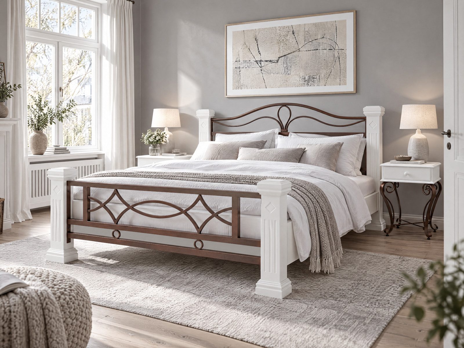 massivum Massivholzbett Byzanz, weiss mit Metall, Doppelbett