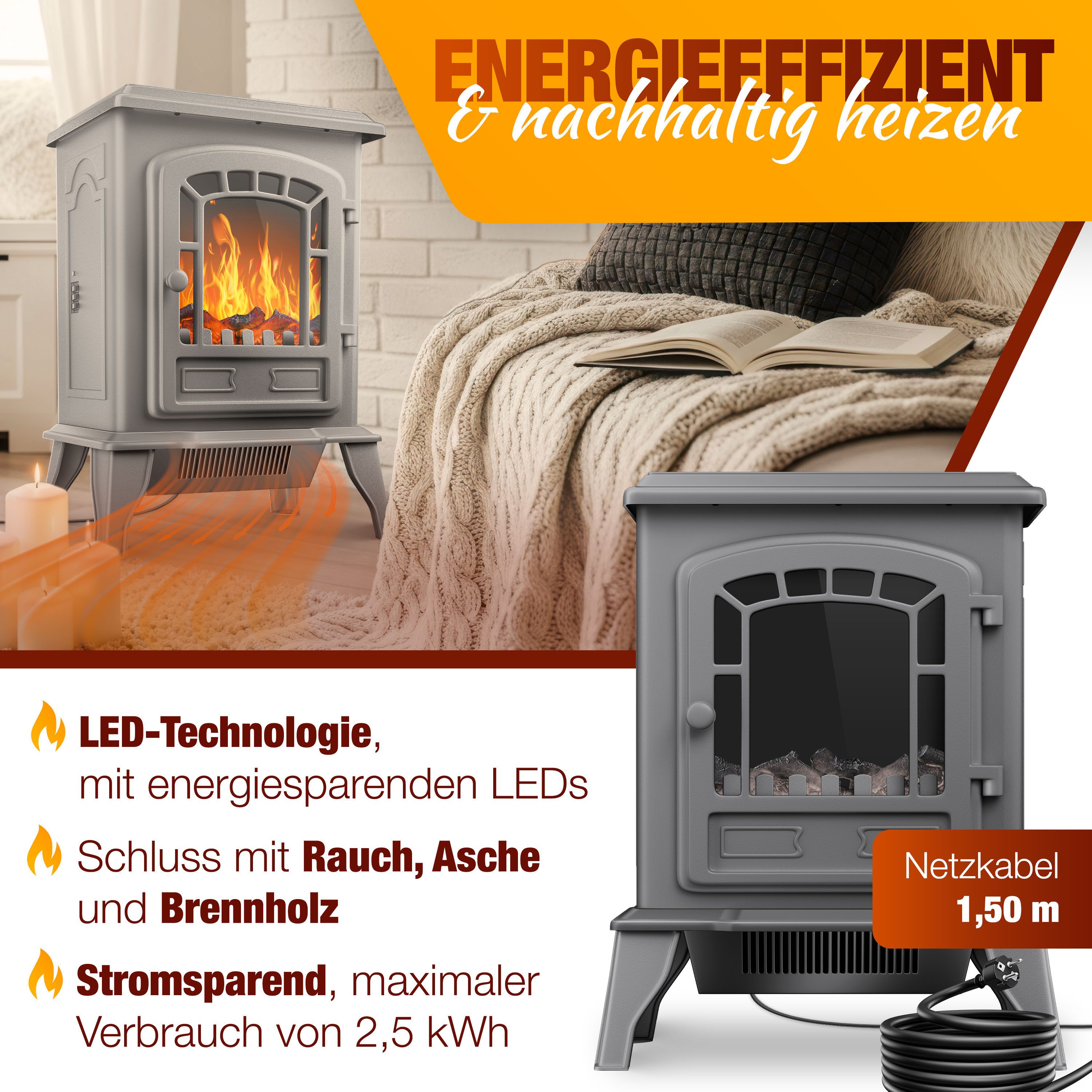 KESSER Elektrokamin 2 in 1, Heizfunktion, 3D Kaminfeuer-Effekt, mit zwei Heizstufen, Sicherheitsabschaltung, Thermostat Regler