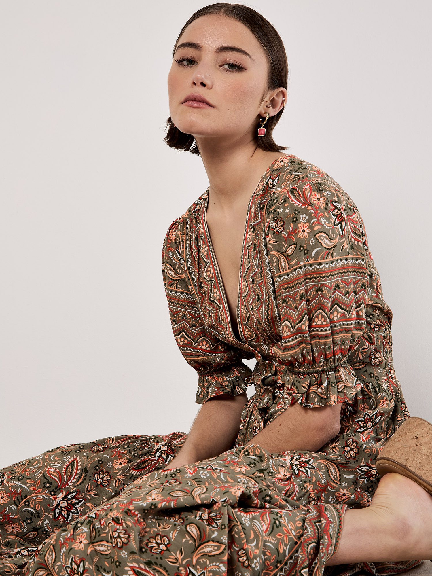 Apricot print dress Sarasa summer dress, with floral pattern