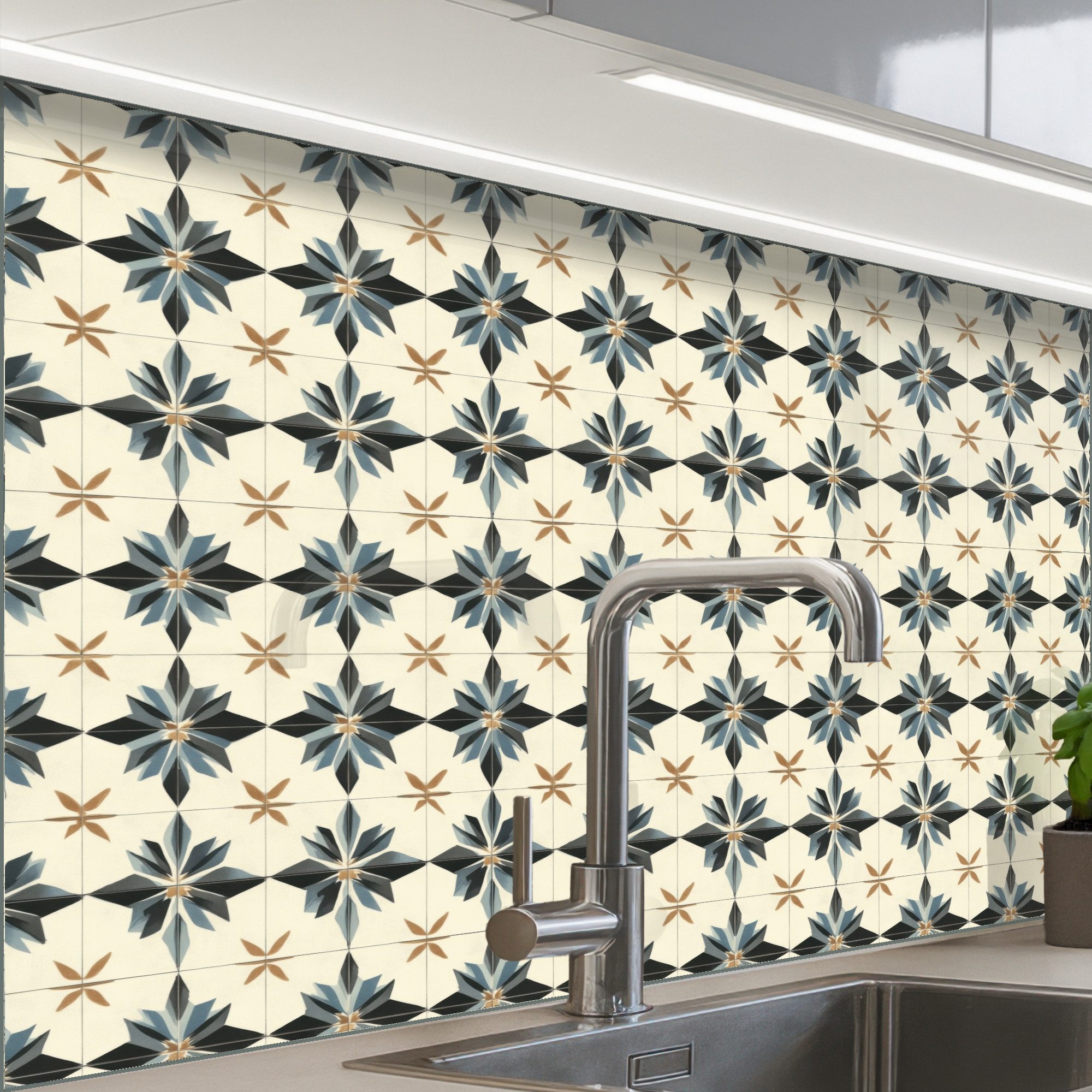 KitchenYeah Küchenrückwand Muster selbstklebend (keine Folie) Ornamental - Ornament - Blau, (1-tlg), Spritzschutz, Küche, Rückwand, Küchenwand, Küchenfront, 30x20 cm