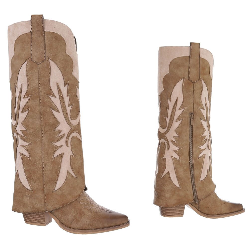 Ital-Design Hochwertige Damen-Stiefel mit kunstvollem Design für Alltag Westernstiefel (90755952) Blockabsatz Stiefel in Hellbraun
