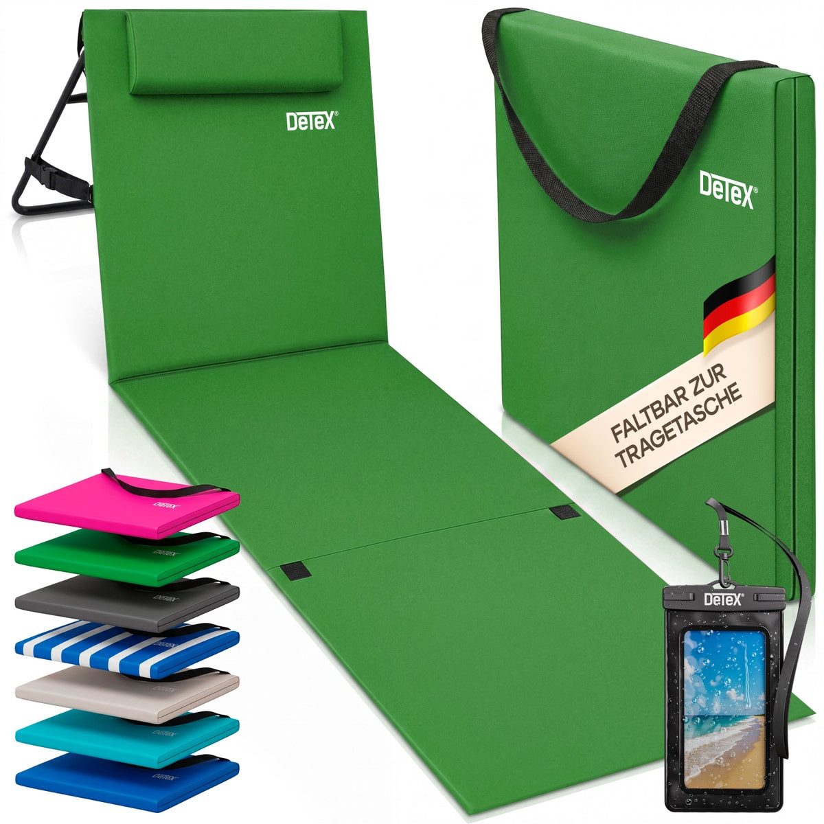 Detex Gartenliege, Strandmatte Gepolstert mit Rückenlehne Strandliege Klappbar Tragbar