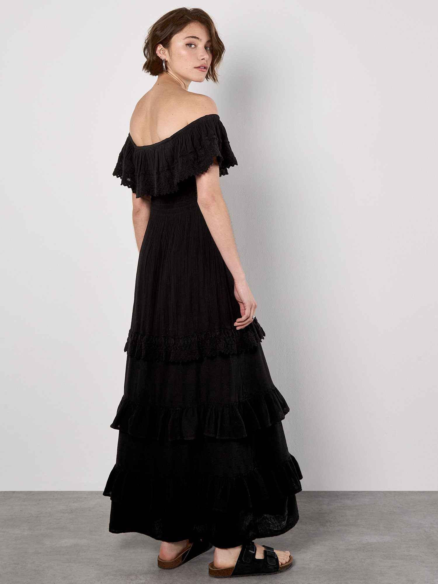 Apricot Maxikleid Bandeau-Rüschenkleid mit Spitze