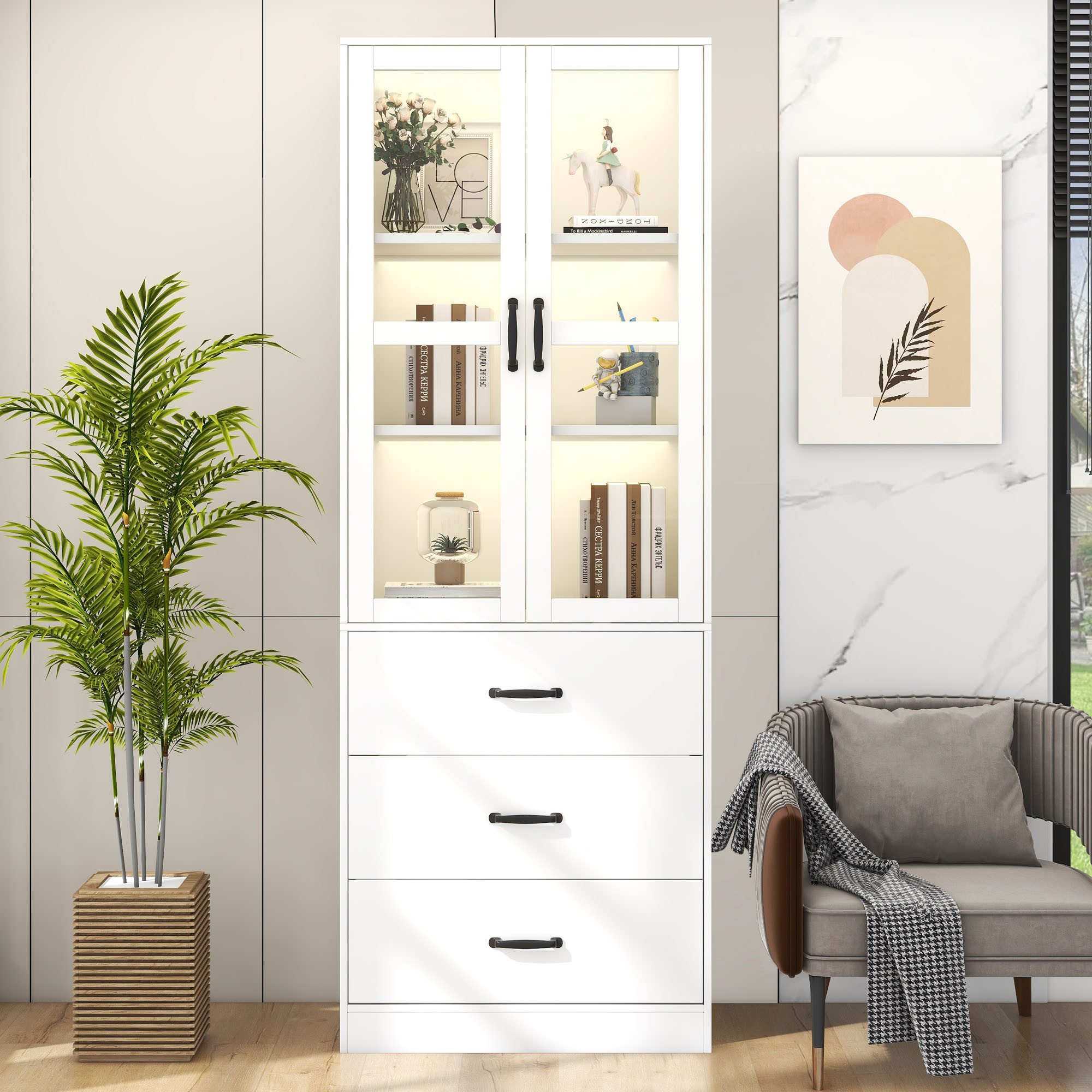 STILVORA Vitrine mit Schubladen,Standvitrine Hochschrank mit Glastüren&LED-Beleuchtung (mit LED-Beleuchtung, 1-St., Standvitrine mit 3 Schubladen und 2 beweglichen Trennwänden) Stauraumvitrine mit Glastüren und verstellbaren Einlegeböden