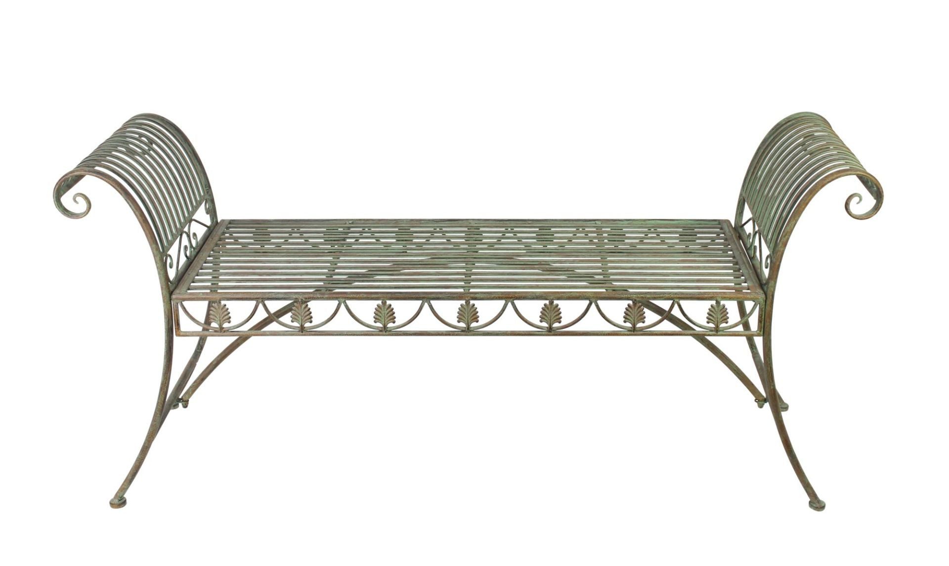 Dekoleidenschaft Gartenbank "Pfauenauge" Metall grün, Antik Design, Rost Optik, Outdoor Sitzbank, 2-Sitzer wetterfest, Metallbank, Bank