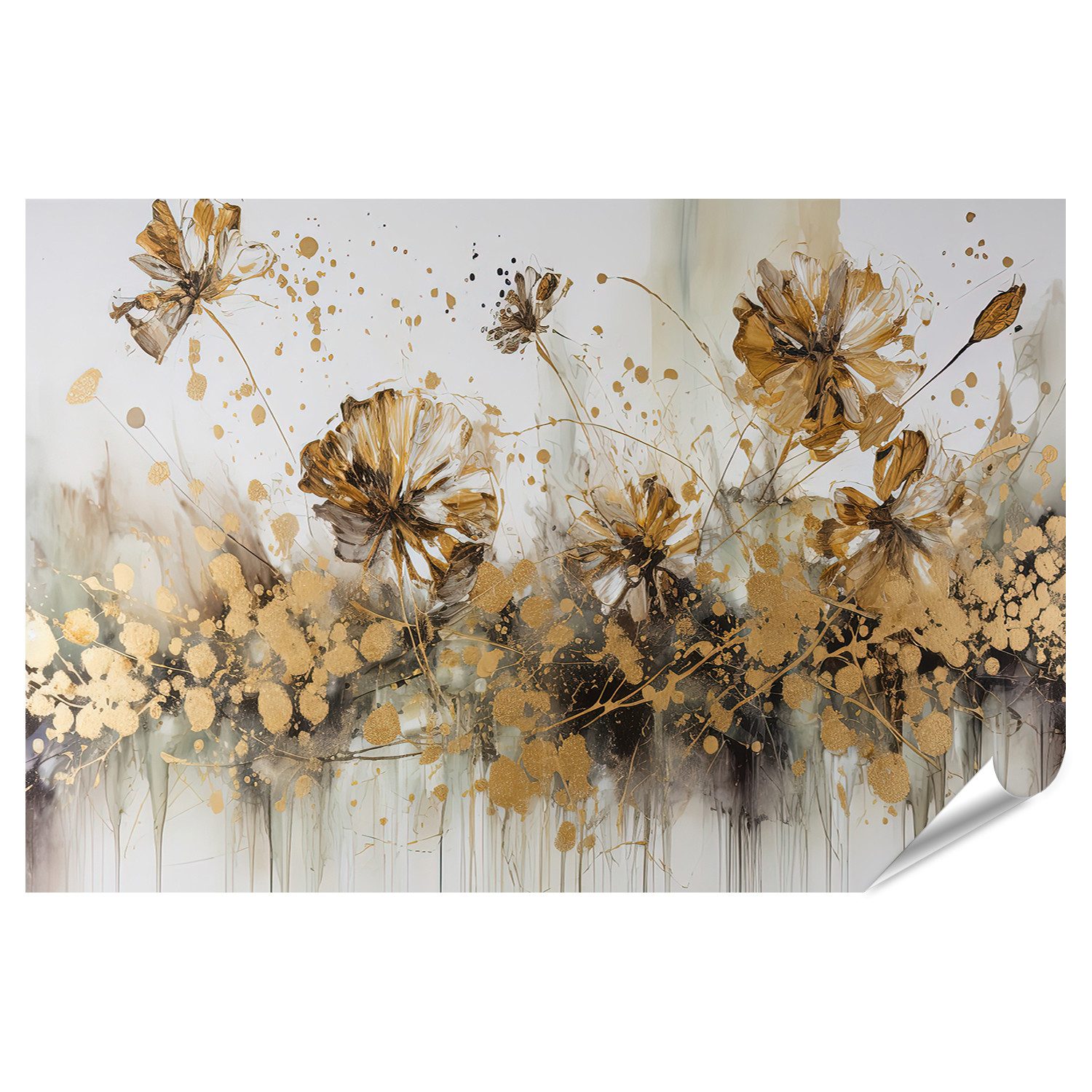 Poster Abstrakte Florale Ölgemälde Gold Blume Platzen Weiß Golden Bilder