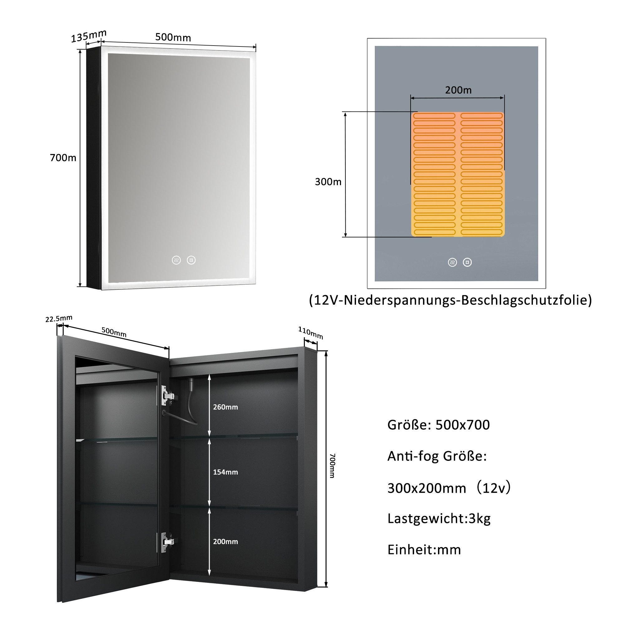 WDWRITTI Badspiegel mit schrank Spiegelschrank mit licht für Badezimmer (Badezimmerspiegelschrank 50x70cm, 1-St., 3Lichtmodi, Dimmbar, Anti-fog, Memory), Doppelseitiger Spiegel, Alu-Schranktür, Metall-Schrank