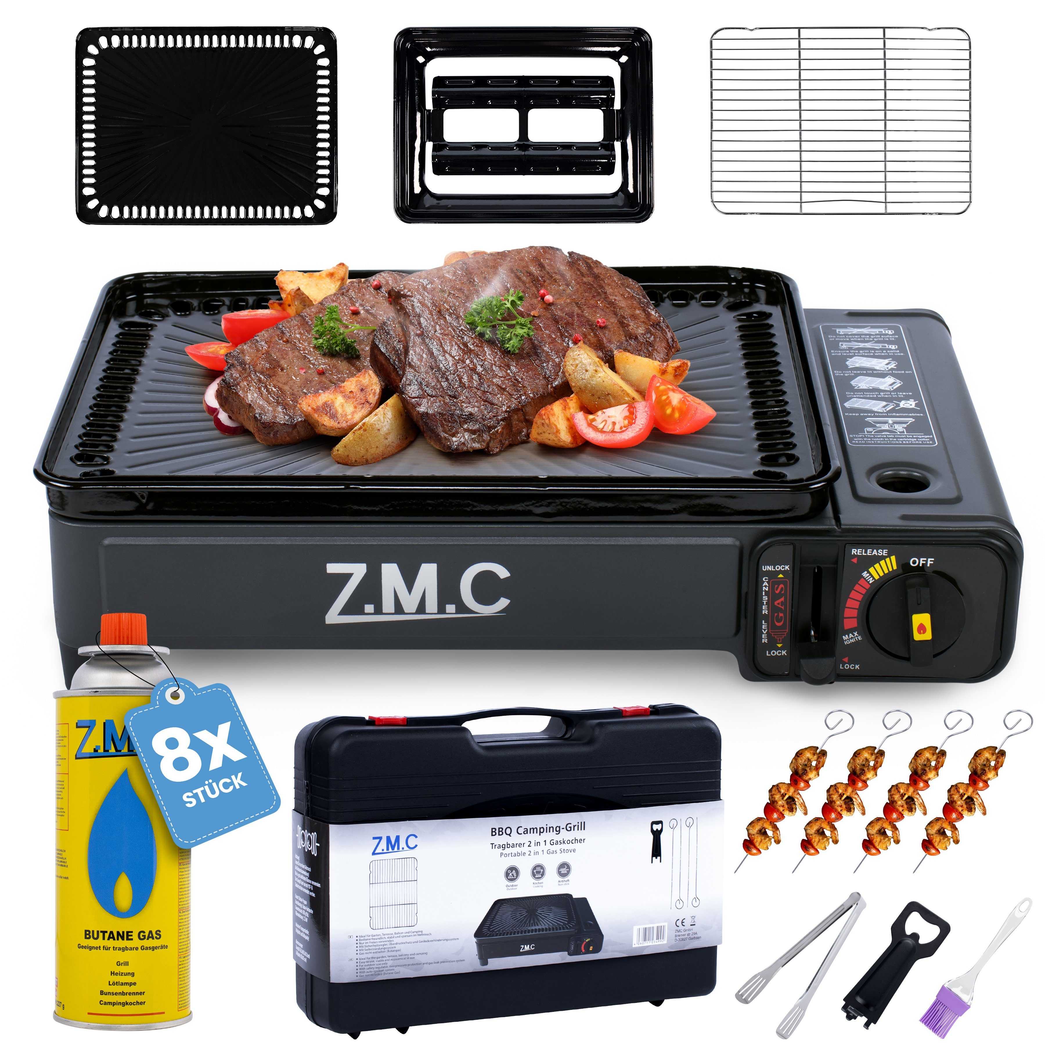 Wärmeleistung: Gaskartuschen, ZMC 2,2KW Gaskocher 3,8kg, Grillplatte Piezo-Zündung regulierbar, (mit inkl. mit Tischgrill), Zubehör, stufenlos 2-in-1 mit Grillrost, 8x Gaskocher + Camping-Kocher Tragekoffer,